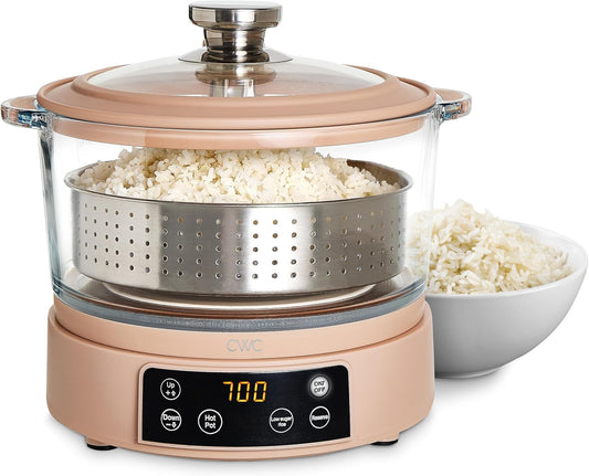 COOK WITH COLOR 3L Glass Low Carb Rice Cooker - Makes 6 Cups Low Sugar Rice with Auto Lift Filter Basket, Hotpot & Steamer for Rice, Grains and Oats, Digital Panel with Keep Warm Function, Blush