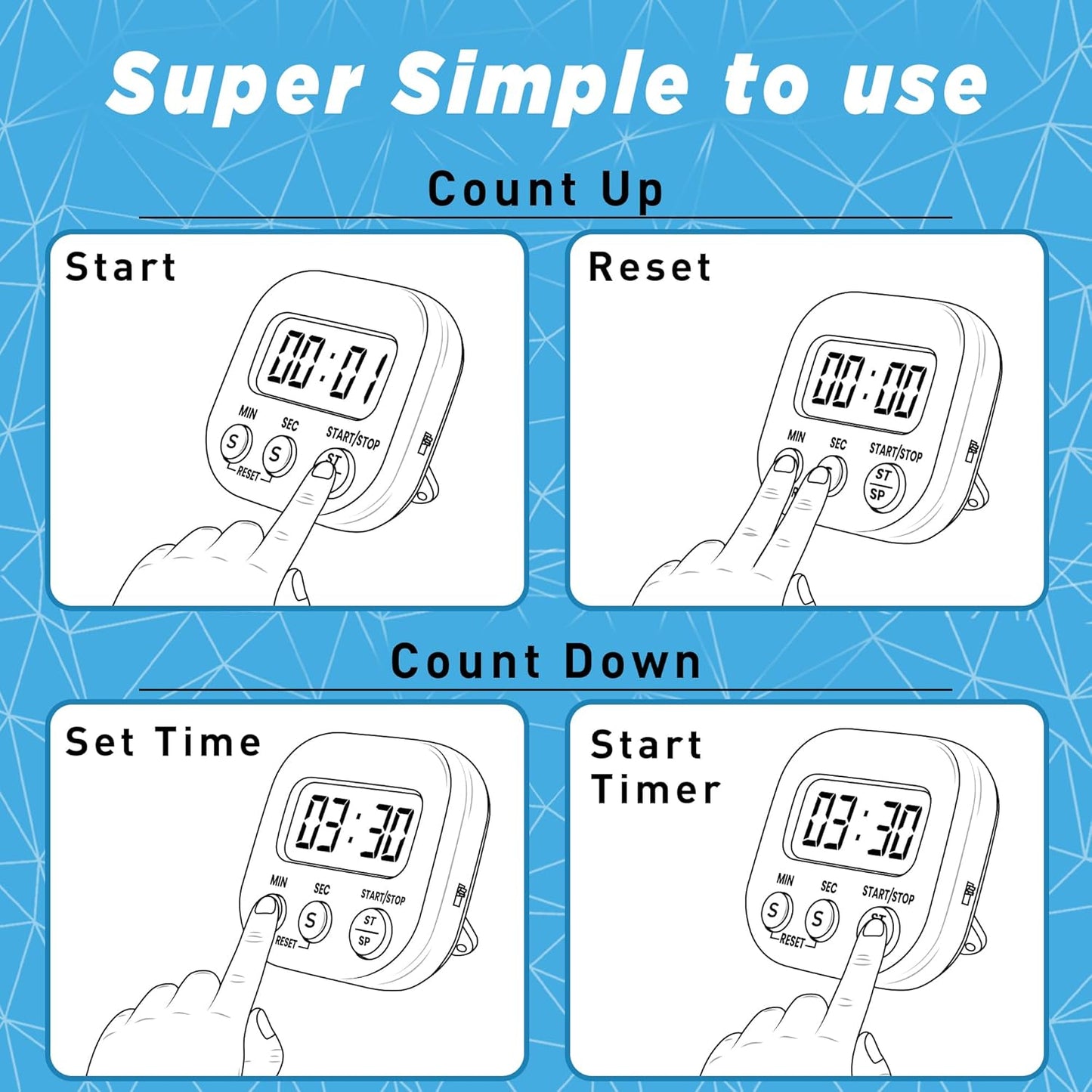 Kitchen Timers for Cooking and Baking with Big Digital Numbers and Loud Alarm Used in Cooking, Classroom, and Office.