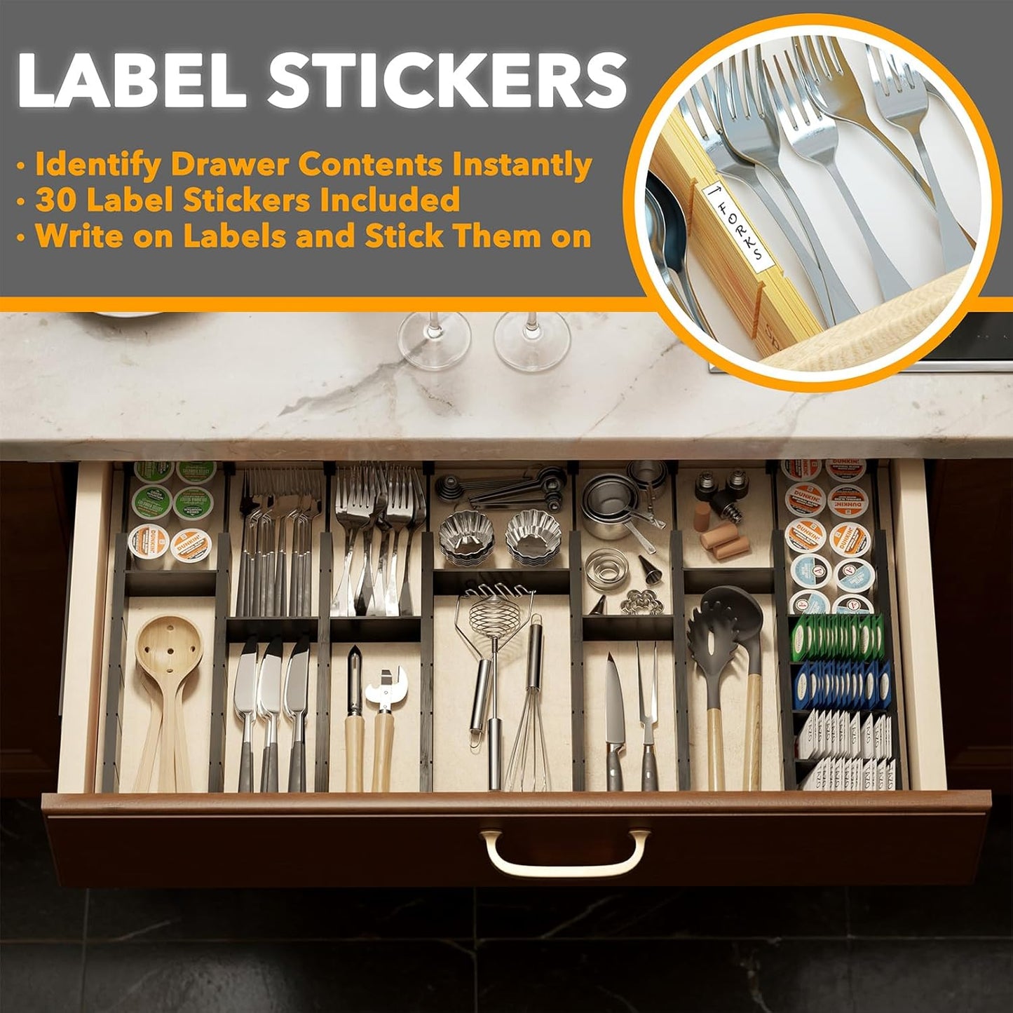 SpaceAid Bamboo Drawer Dividers with Inserts and Labels, Kitchen Adjustable Drawer Organizers, Expandable Organization for Home, Office, Dressers, 10 Dividers with 24 Inserts (17"-22" Black)