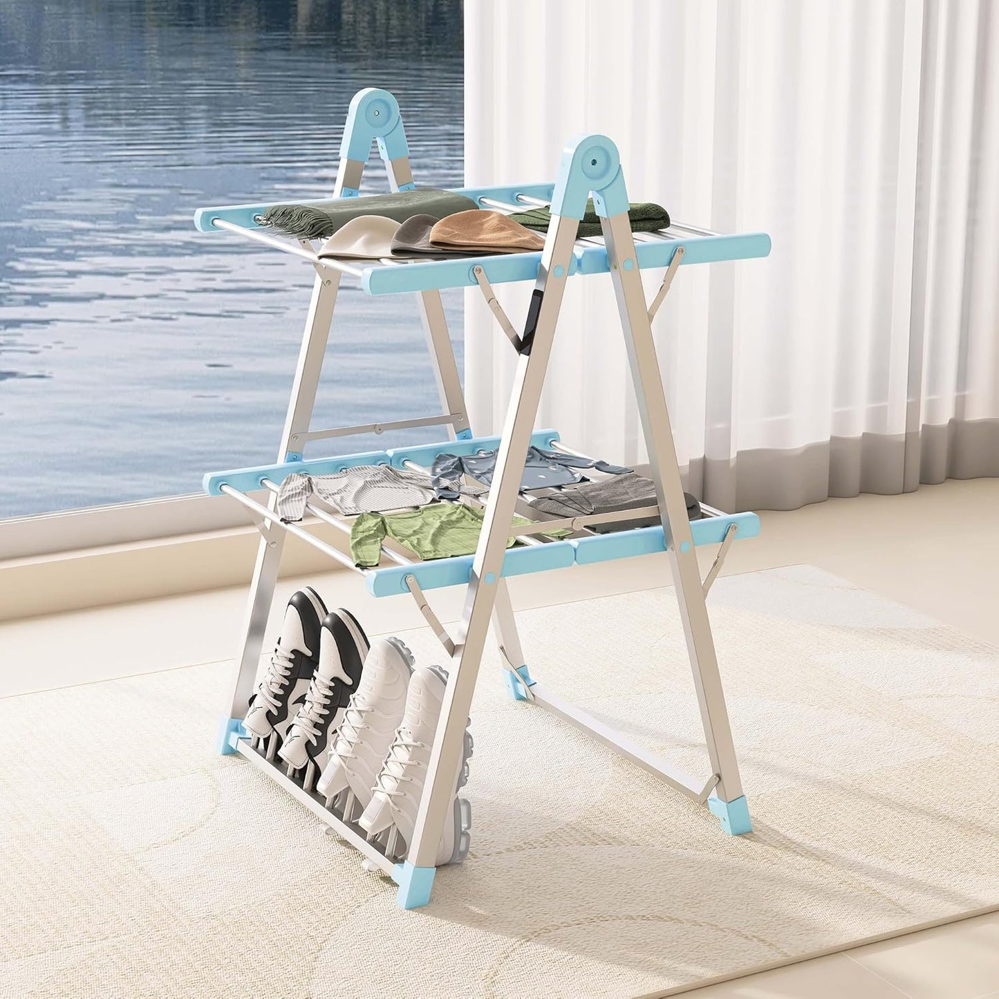 Electric Heated Clothes Drying Rack,Foldable Heated Garment Dryer with Timer Shut-Off Laundry Rack for Clothes Shoes Socks,Aluminum Alloy,Blue,Plug & Play,(39.37x25.98x23.82in)