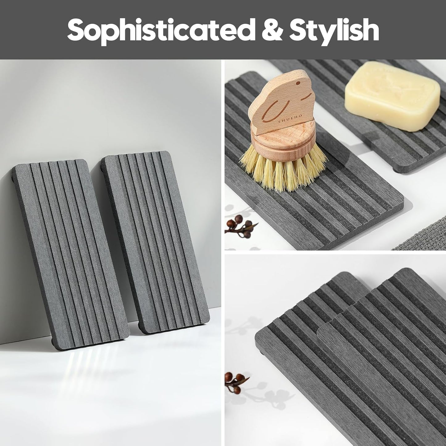 2PCS Diatomite Quick Stone Drying Tray Mat For Bathroom & Kitchen Counter, Instant Dry Water Absorbent Drink Bar Coaster,Vanity Sink Caddy Organizer,Dish Soap Sponge Holders, Charcoal,8"x3.8"