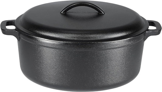 Amazon Basics Round Pre-Seasoned Cast Iron Dutch Oven Pot with Lid and Dual Handles, Heavy-Duty & Large, 7-Quart, Black
