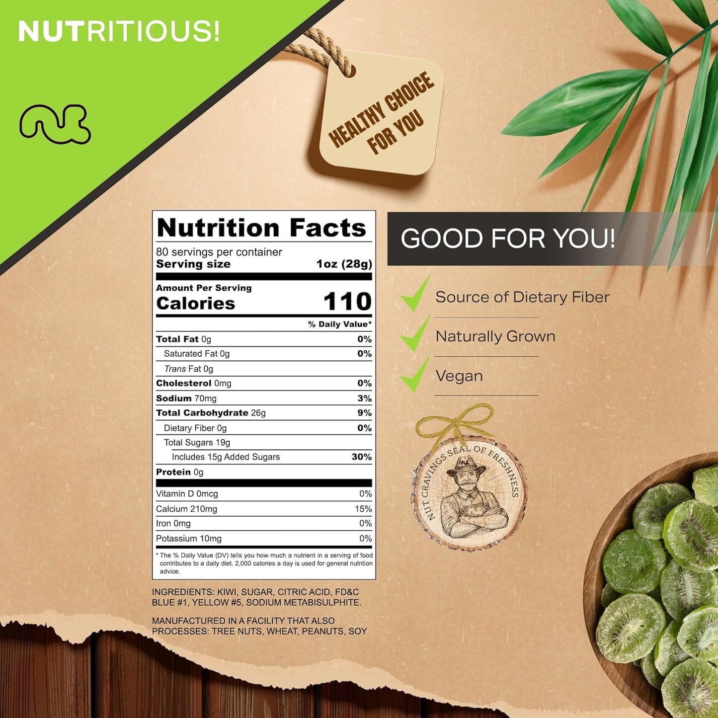 NUT CRAVINGS - Sun Dried Kiwi Slices, Lightly Sweetened (80oz, 5 LB, Bulk) Bulk Dry Fruits Packed Fresh in Resealable Bag - Sweet Healthy Snack, Naturally Grown, Vegan, Kosher