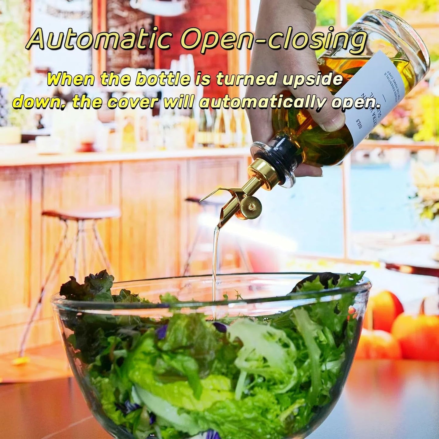 Olive Oil Dispenser Spout, Weighted Liquor Pour Spout, Syrup Dispenser Spout, Stainless Steel Automatic Pour Spouts for Liquor Bottles, Oil Bottles, Vinegar, Syrup and Alcohol 2 Pack Golden