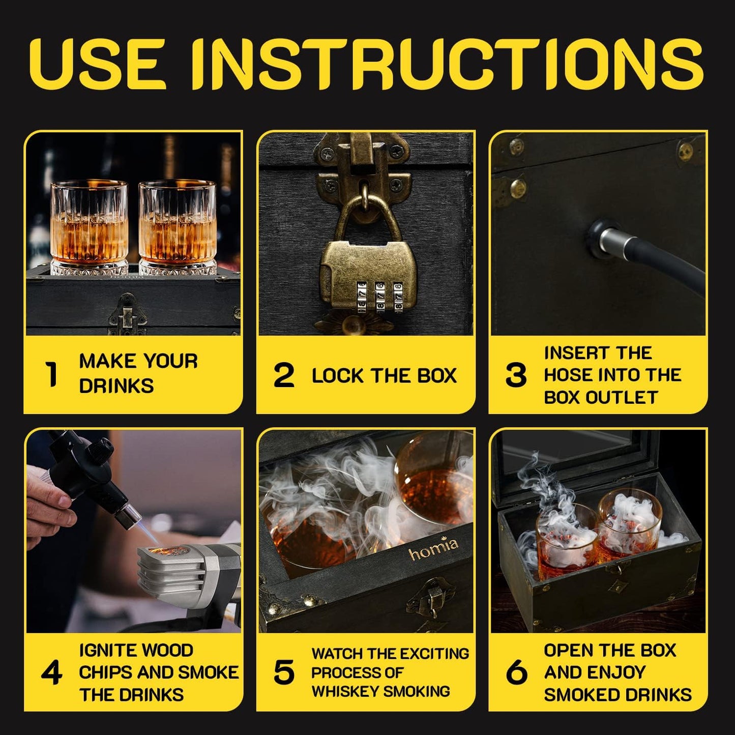 Cocktail Smoker Kit - Whiskey Smoker Kit - Smoke Infuser Birner PRO - Smoking Box, 12 PCS, with Accessories and Wood Chips - Cold Smoke for Food and Drinks, Black - Gift for Men