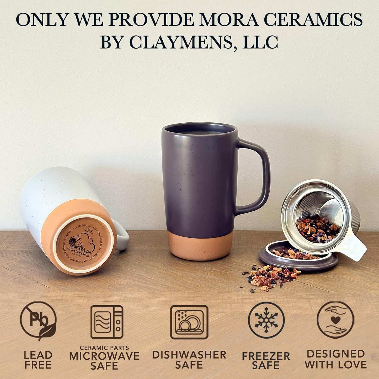 Mora Ceramics Large Tea Mug with Loose Leaf Infuser and Ceramic Lid, 18 oz, Portable, Microwave, Dishwasher Safe, Tall Coffee Cup - Rustic Matte Ceramic Glaze, Modern Herbal Tea Strainer, Nightwaves