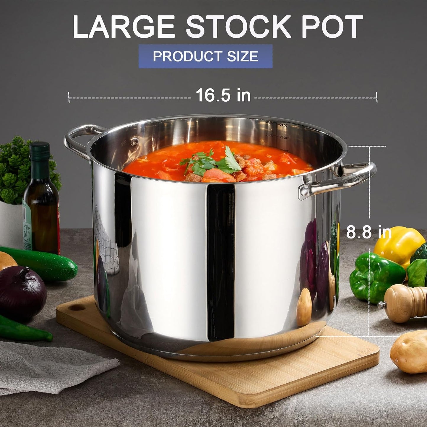 Stainless Steel Large Stock Pot, LIANYU 16 QT Heavy Duty Stockpot with Glass Lid, Deep Classic Soup Pot for Cooking Stewing Simmering, Thick Tri-ply Base & Stay-Cool Handle, Dishwasher Safe Cookware
