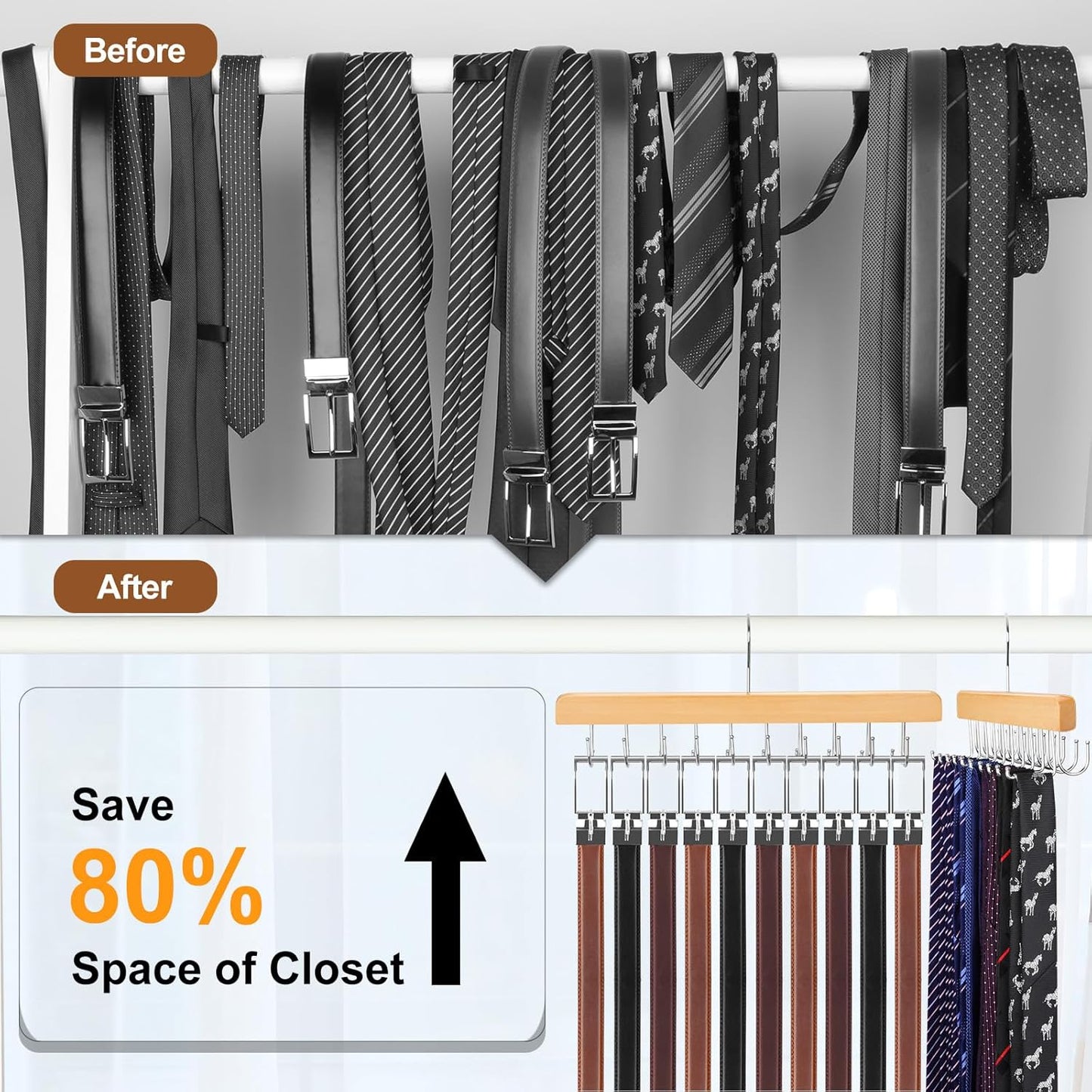 TOPIA HANGER 2 in 1 Belt Tie Hanger for Closet Max 30 Belts with 30 Ties Capacity, 20 Hooks Belt Tie Racks Wooden Hanger for Closet Organizer Storage Space Saving “U” Fit Belt and “一” Fit Tie - CT47N