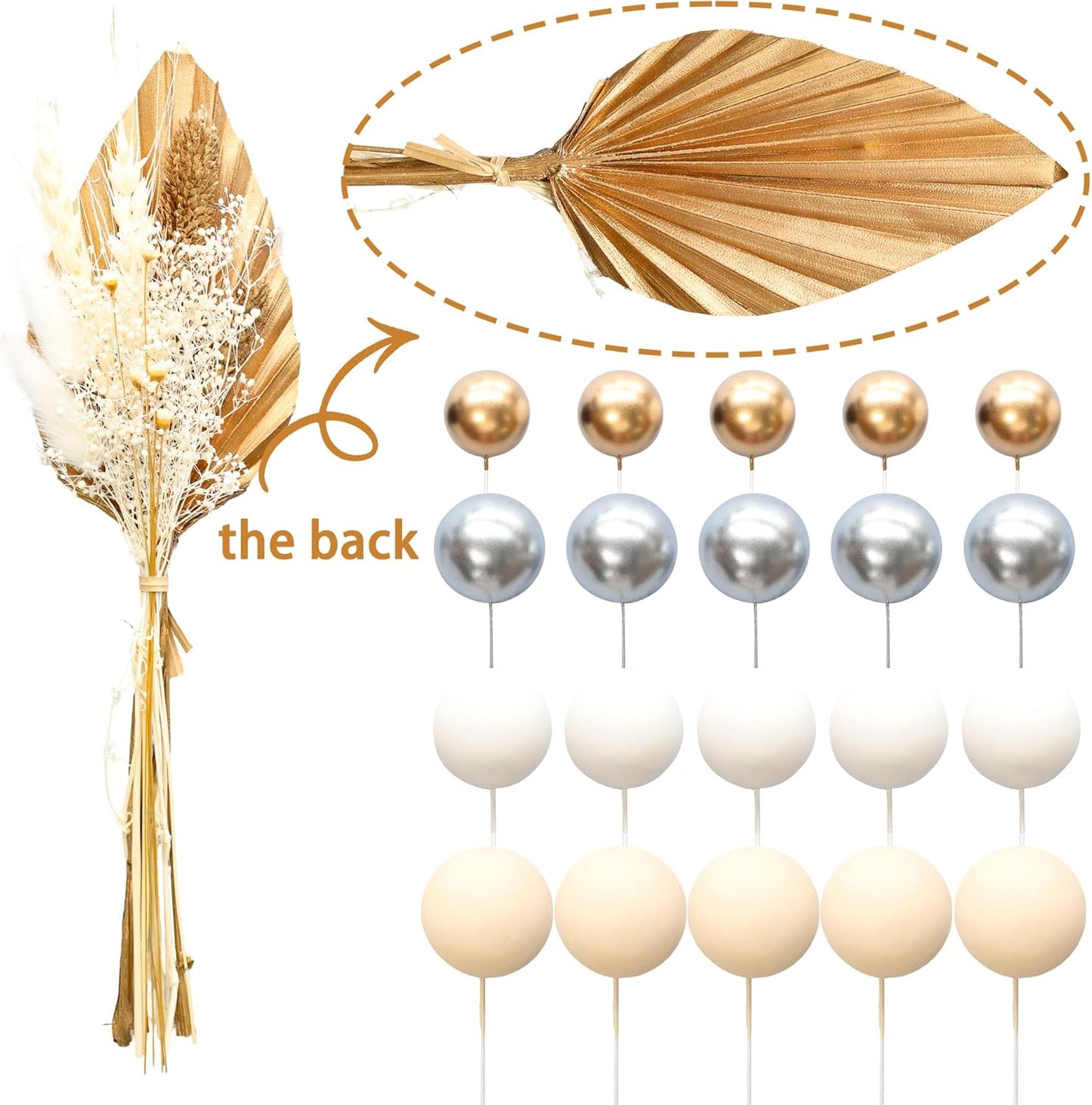 Gyufise 21 Pack Flower Boho Cake Topper Ball Cake Decorations Palm Leaves Plants Cake Decor for Girl Bohemian Princess Theme Wedding Baby Shower Birthday Party Supplies Gold White