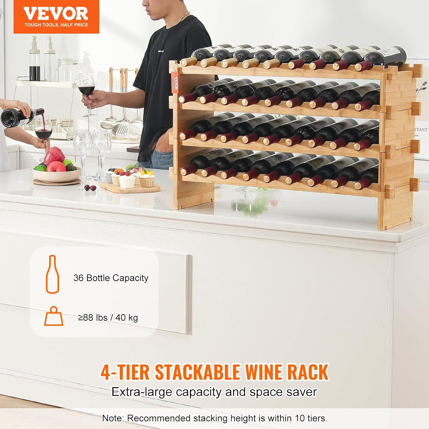 VEVOR 36 Bottle Stackable Modular Wine Rack, 4-Tier Solid Bamboo Wood Storage Racks, Floor Freestanding Wines Holder Display Shelf, Wobble-Free Shelves for Kitchen, Bar, and Cellar (Natural Color)
