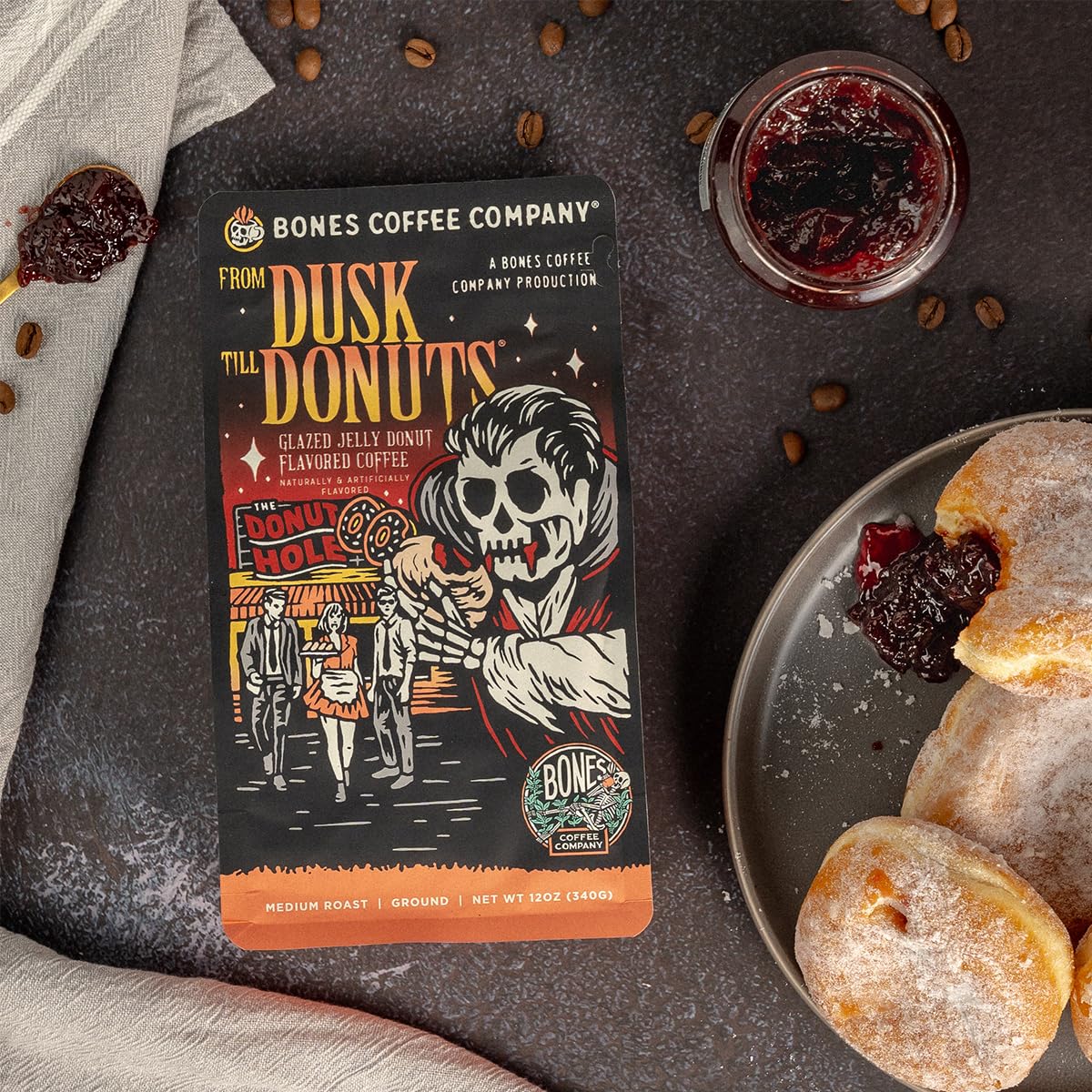 Bones Coffee Company From Dusk Till Donuts Jelly Donuts Flavored Coffee, Medium Roast Low Acid Arabica Beans Compatible with Auto drip and French Press Coffee Maker, 12 Oz Ground