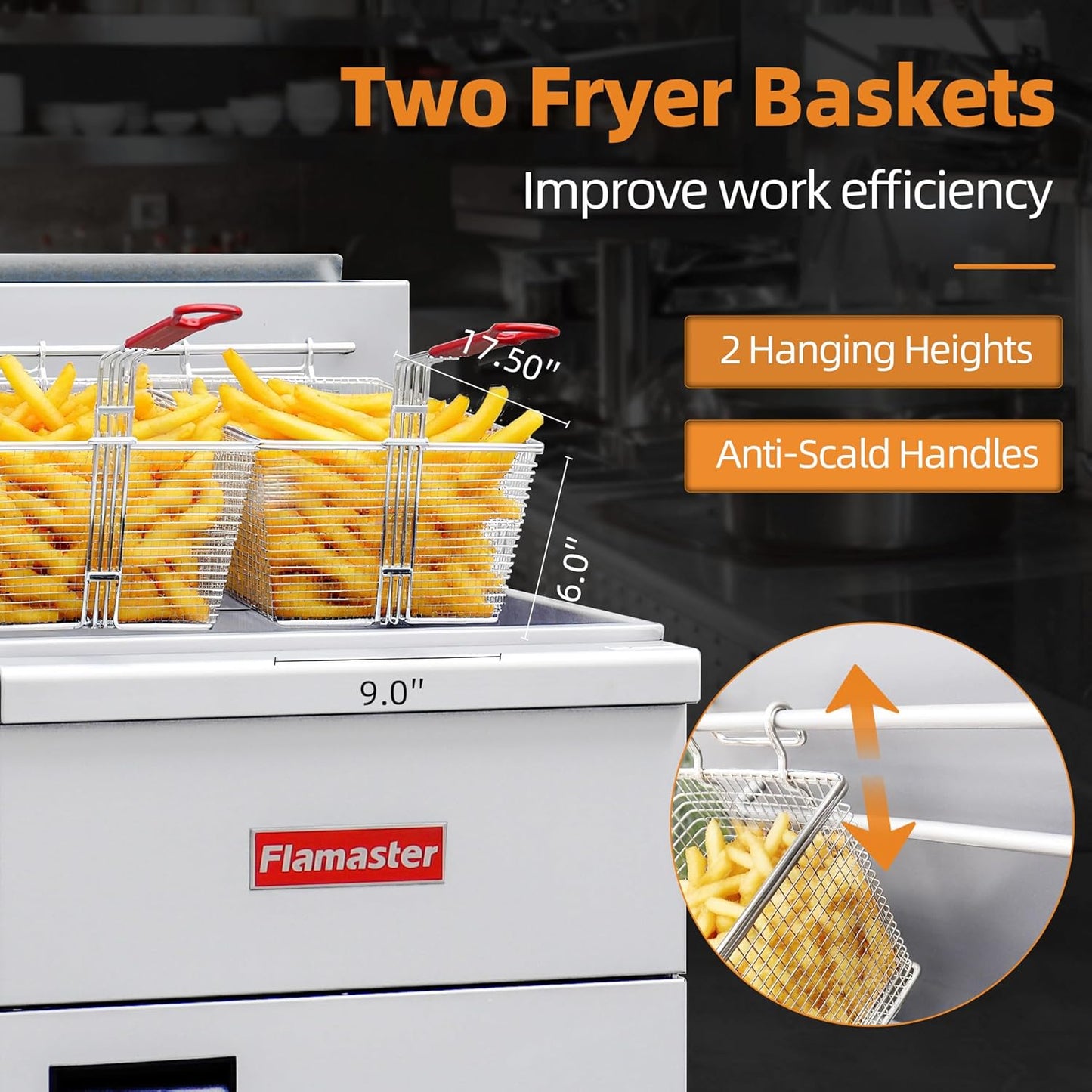 Commercial Open Pot Fryer with 2 Baskets, 122000 BTU 50-60 Lbs Oil Capacity Natural Gas Fryer, Only Commercial Use Stainless Steel Deep Fryer for Restaurants, Food Trucks-Floor Standing