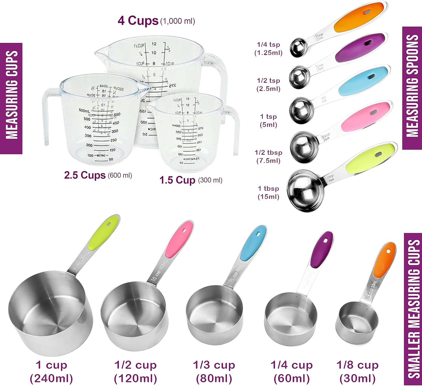 Measuring Cups and Spoons Set 13 Piece. Includes 10 Stainless Steel Measuring Spoons and Cups Set and 3 Plastic Measuring Cup. Liquid Measuring Cups Set and Dry Metal Measuring Cup Set