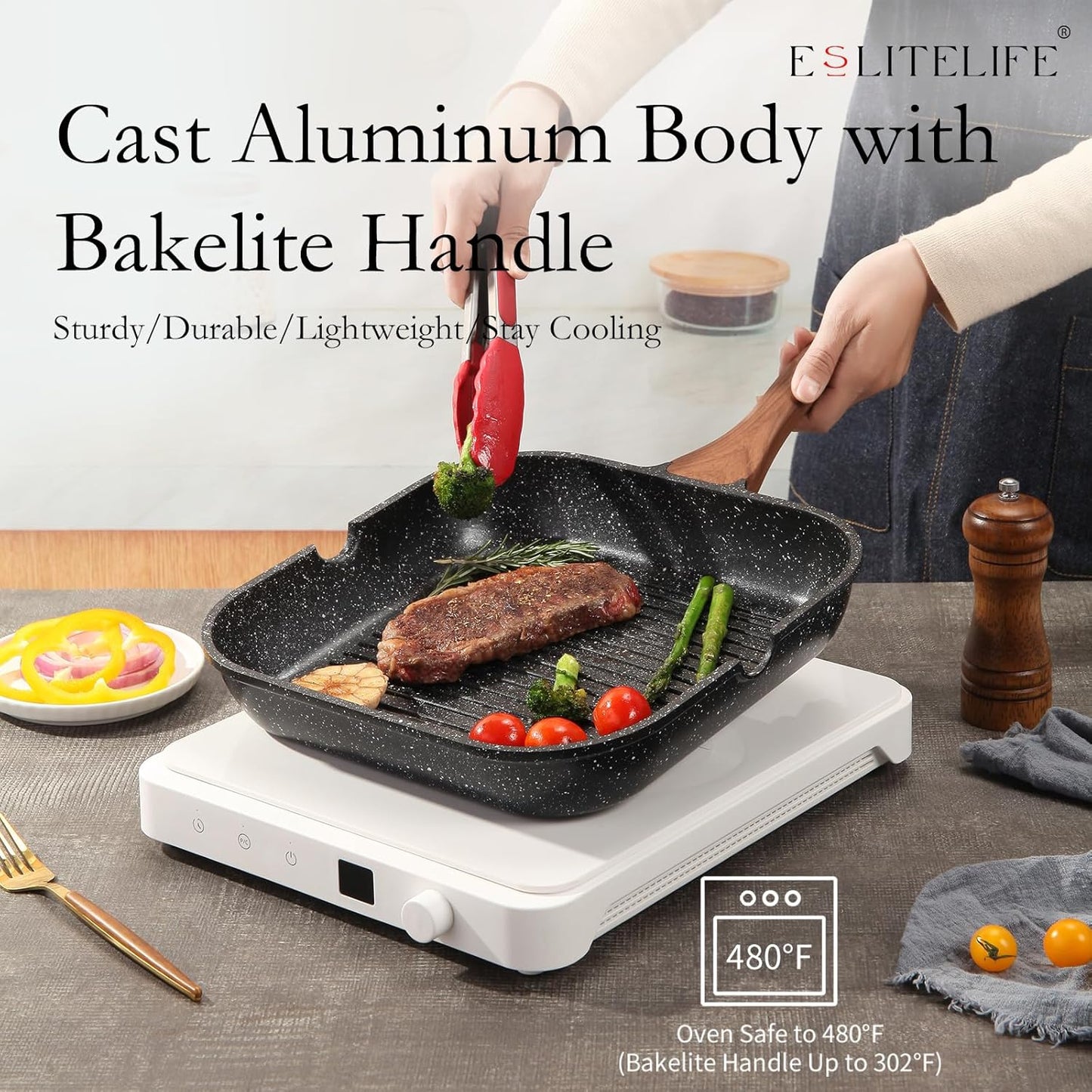 ESLITE LIFE 9.5 Inch Nonstick Grill Pan with Lid for Indoor Cooking, Versatile Induction Square Large Grilling Skillet Steak Pan for Stove Tops, PTFE & PFOA Free, Black