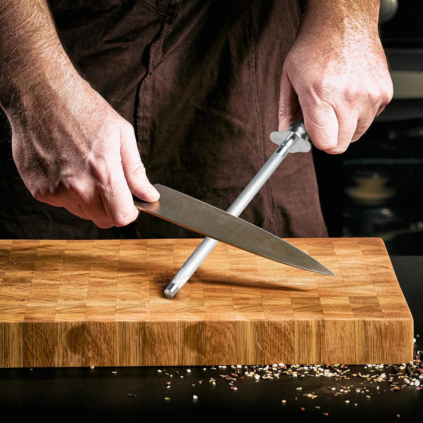 Knife Sharpener Rod, Kitchen Knives Sharpener Carbon Steel Professional Knife Sharpening Steel, Honing Rod with Hanging Holes (13 inches), P