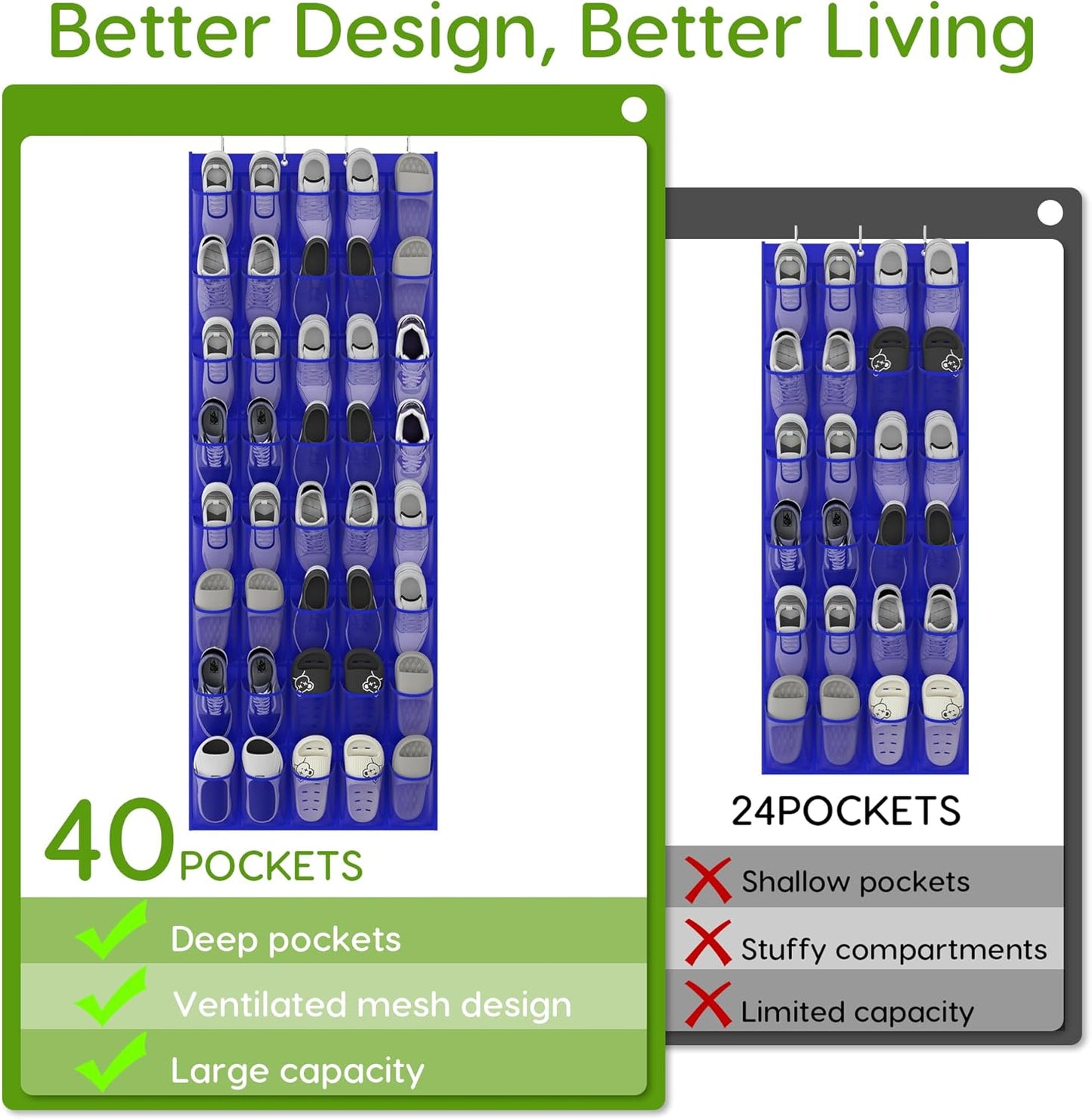 Unjumbly Over the Door Shoe Organizer with 40 Large Breathable Mesh Pockets, Space Saving Shoe Holder, Hanging Shoe Rack for Entryway Bedroom Closet Storage (Navy Blue, 40 Pockets)