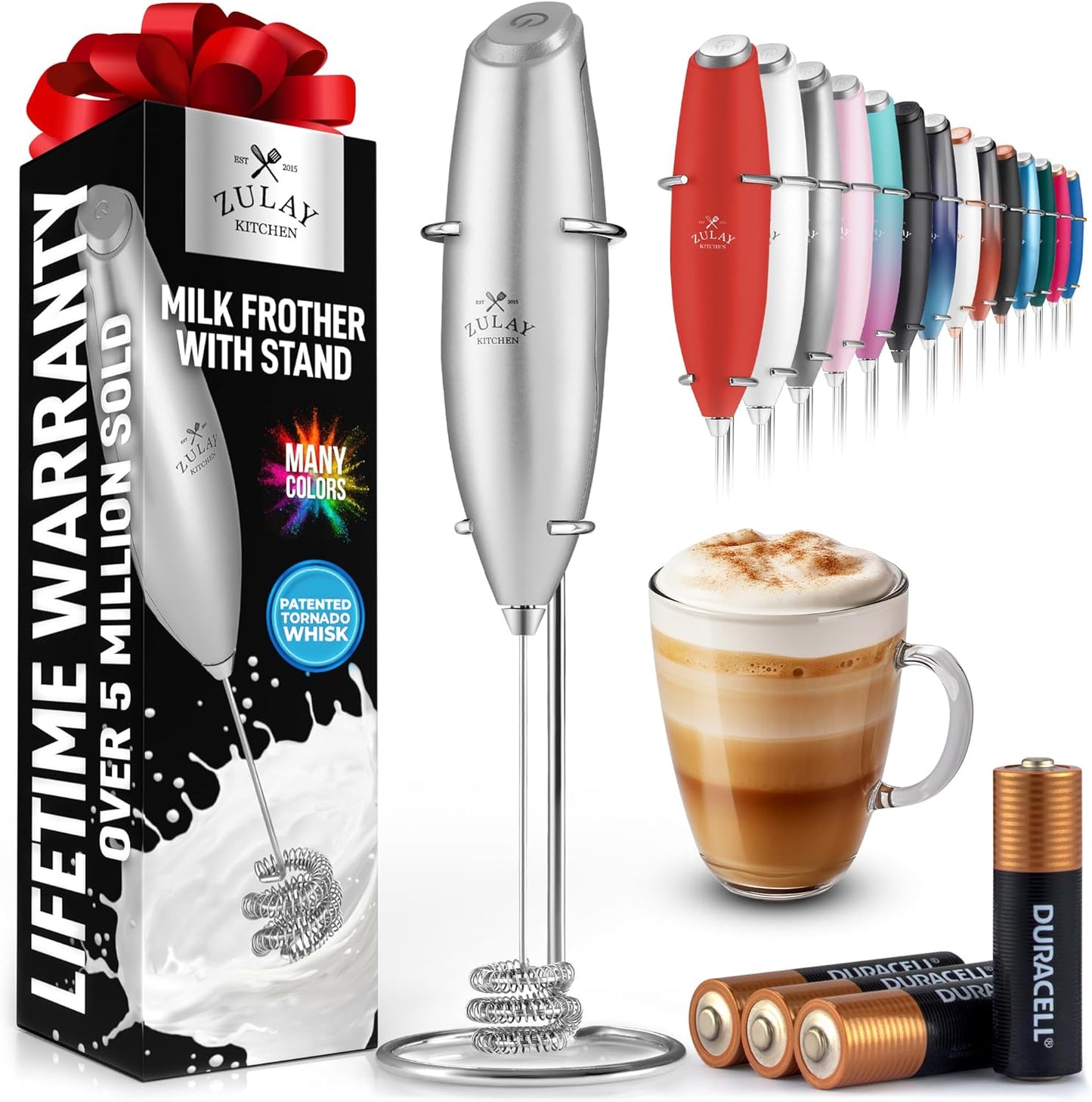 Zulay Kitchen Tornado Whisk Milk Frother with 4 AA Duracell Batteries - Triple Whisk for More Power - Handheld Coffee Frother with Stand - Drink Mixer for Lattes, Matcha & Protein Shakes