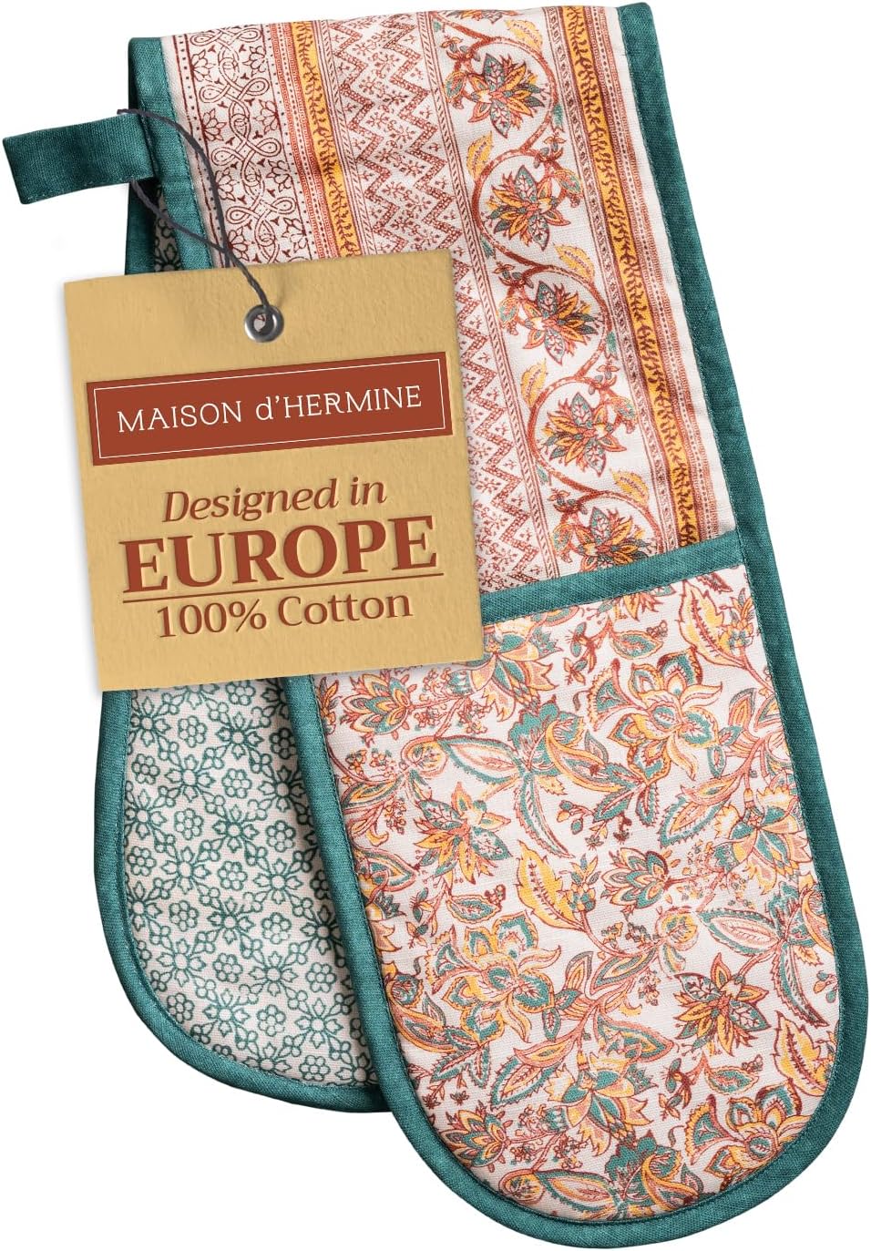 Maison d' Hermine Double Oven Mitts 100% Cotton 7"x35" Double Oven Mitt Heat Resistant BBQ Cooking Gloves with Loop, Baking, Grilling, Home, Kitchen, Handling Hot Pans (Nila)