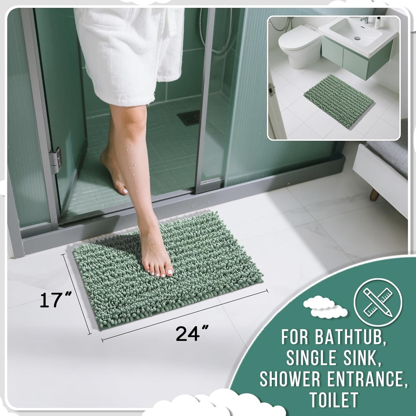 Yimobra Bathroom Rugs Non Slip Washable 24x17 Inch - Ultra Soft Absorbent Chenille Bath Mat, Quick Dry Shaggy Floor Carpet for Tub Shower, Green Home Decor Accessories