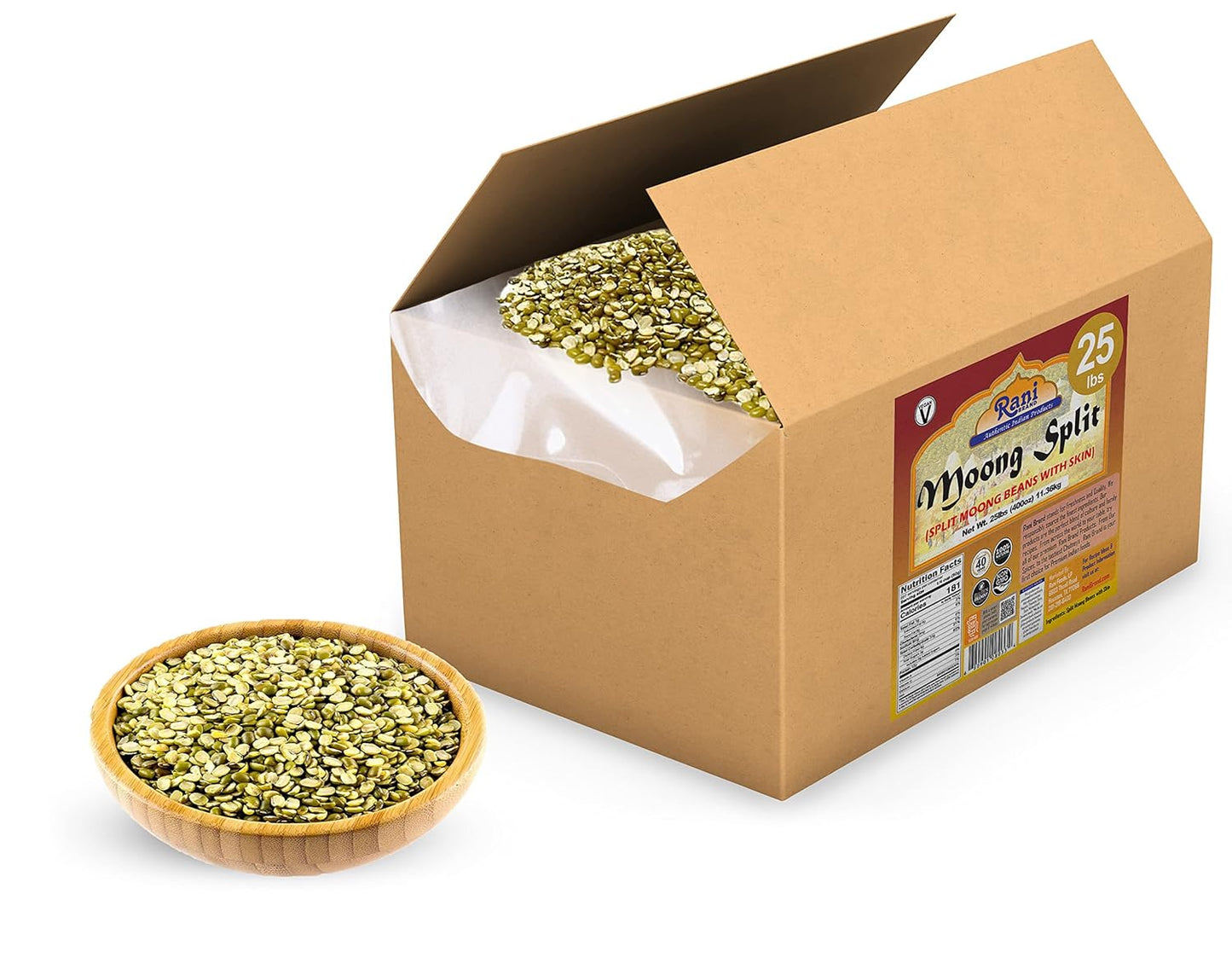 Rani Moong Split (Split Mung Beans with Skin) Lentils Indian 400oz (25lbs) 11.36kg Bulk Box ~ All Natural | Gluten Friendly | Non-GMO | Kosher | Vegan | Indian Origin