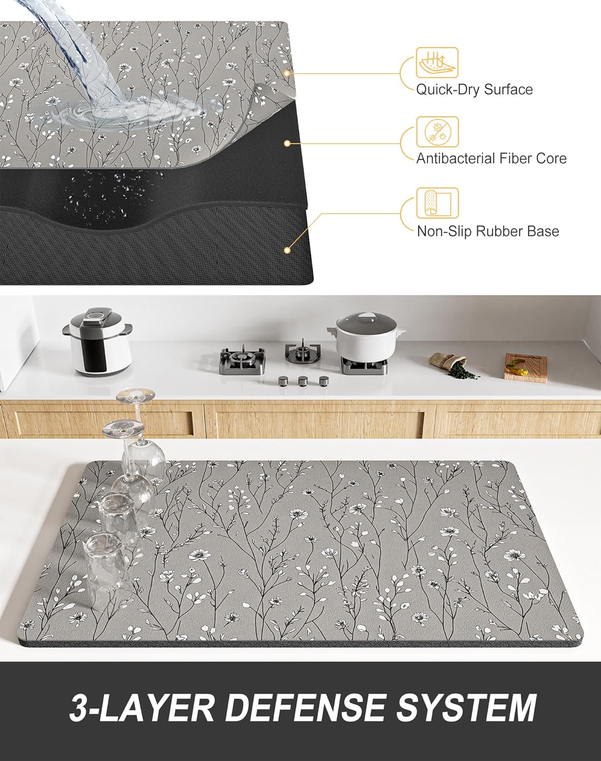 Rnivvi Dish Drying Mat for Kitchen Counter, 12 x 19" Cute Flower Theme Super Absorbent Draining Pad, Non-Slip Heat Resistant Coffee Bar Mats for Coffee Machine Station Accessories, Grey Dish Rack Pad