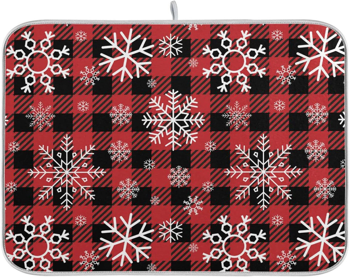 Snowflake Buffalo Plaid Dish Drying Mat for Kitchen Counter Christmas Absorbent Microfiber Drying Pad, Medium 16x18 in, Reversible Drainer Mats
