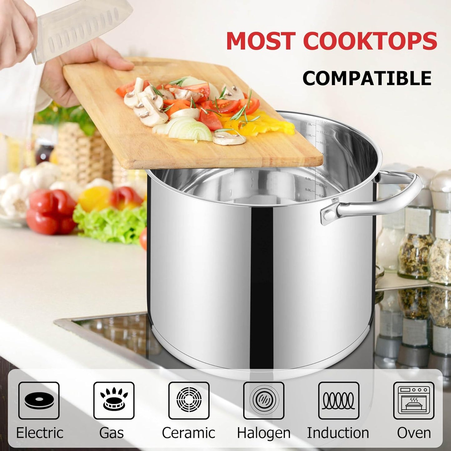 LIANYU 12 QT Stock Pot with Lid, 12 Quart Stainless Steel Large Tall Soup Pot for Cooking, Big Deep Stockpot with Visible Lid, Tri-ply Heavy Duty Stockpot for Induction, Stoves, Gas