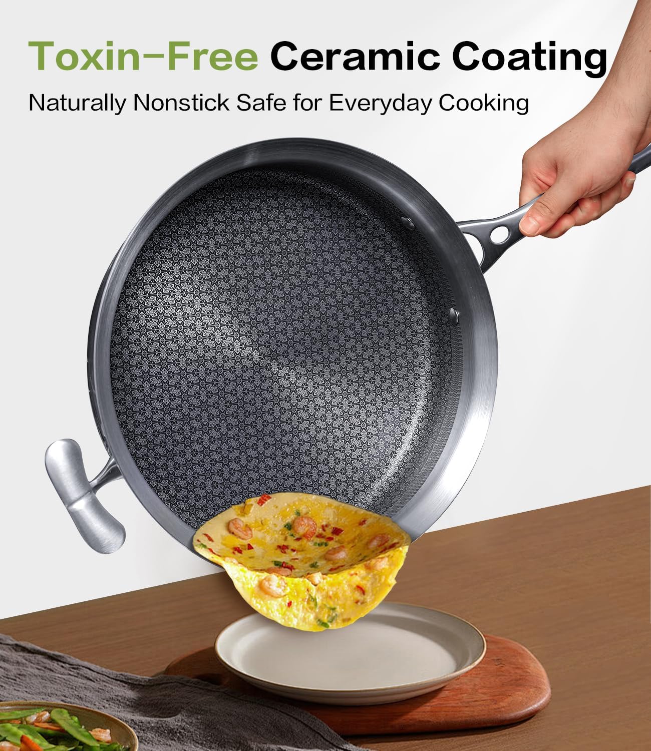 Saute Pan with Lid–12 Inch Deep Frying Pan 5.5qt for Stir-Fry & Searing,5-Ply Stainless Steel Saute Pan Nonstick Non Toxic, PTFE & PFOA Free Non Stick Skillet,Induction, Oven & Dishwasher Safe