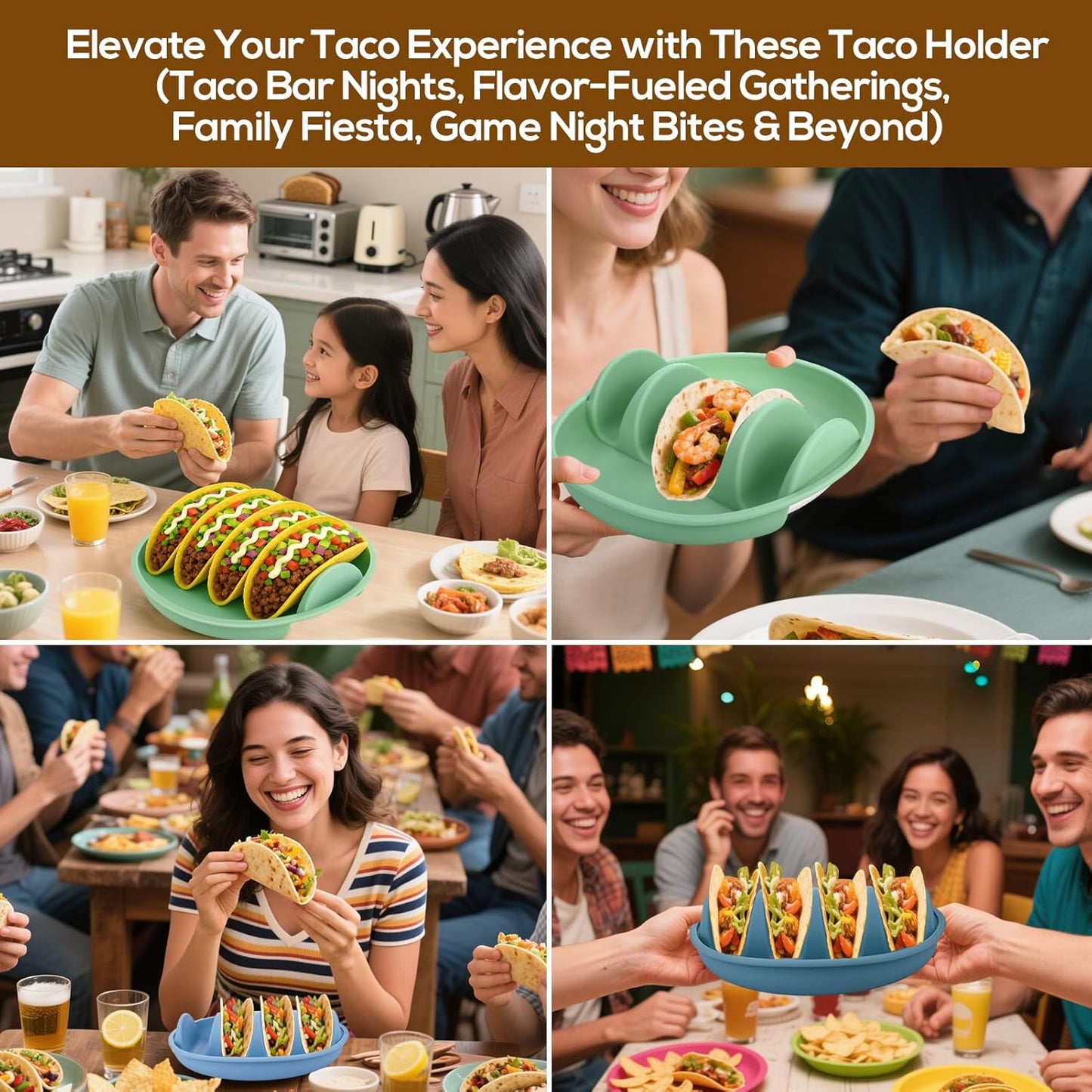 Silicone Taco Holder Plates Set of 3 - Reusable Taco Stand Plates with 4-Shell Slots, Oven/Microwave/Dishwasher Safe, Non-Slip Base for Tortillas Party Serving, Family Dinner & Meal Prep Accessories