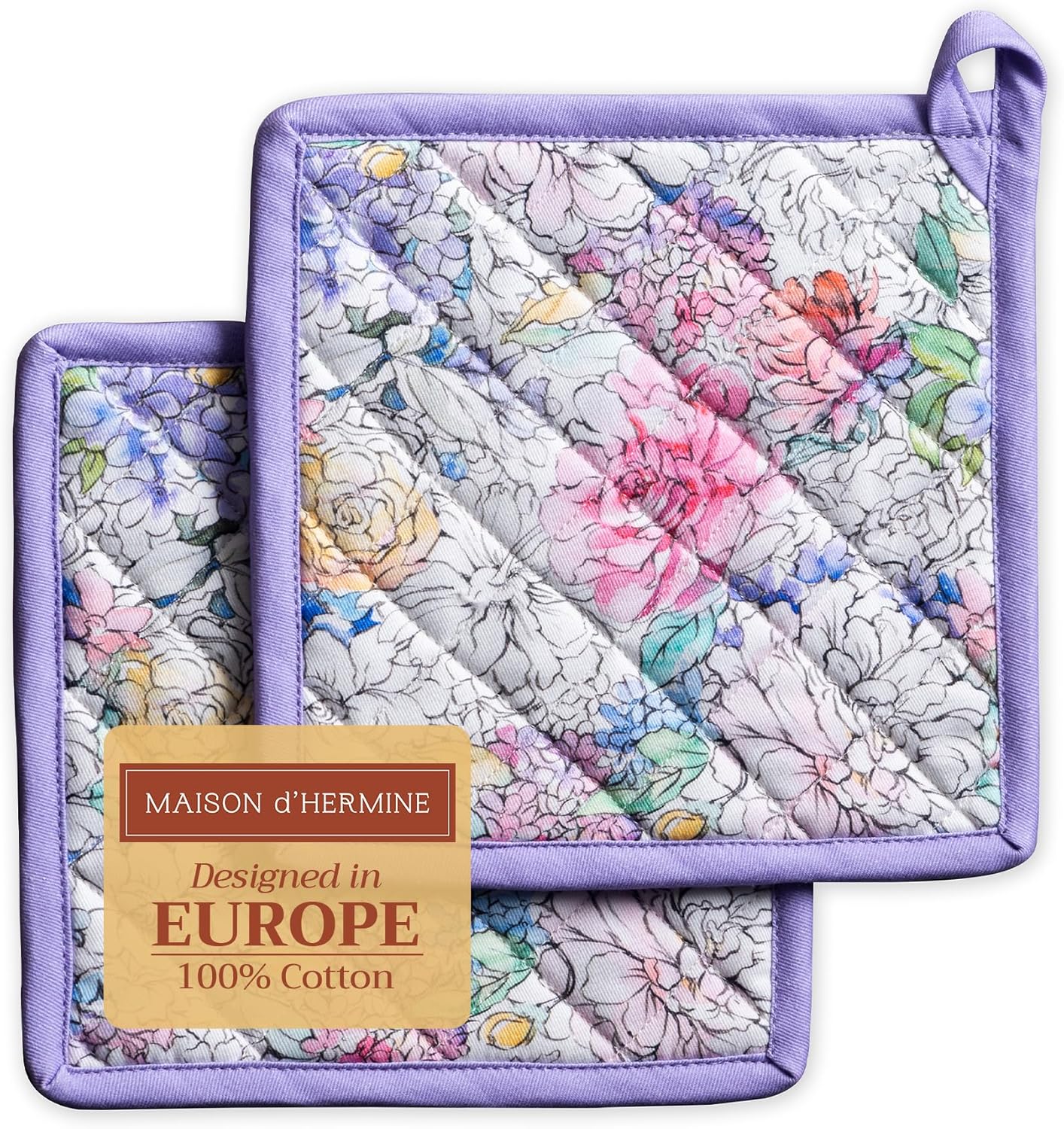 Maison d' Hermine Pot Holders Set 100% Cotton Heat Resistant Potholders 8" x 8" Hot Pads with Loop BBQ, Cooking, Baking, Grilling, Kitchen, Handling Hot Pans Spring/Summer (Pack of 2, Floral Love)