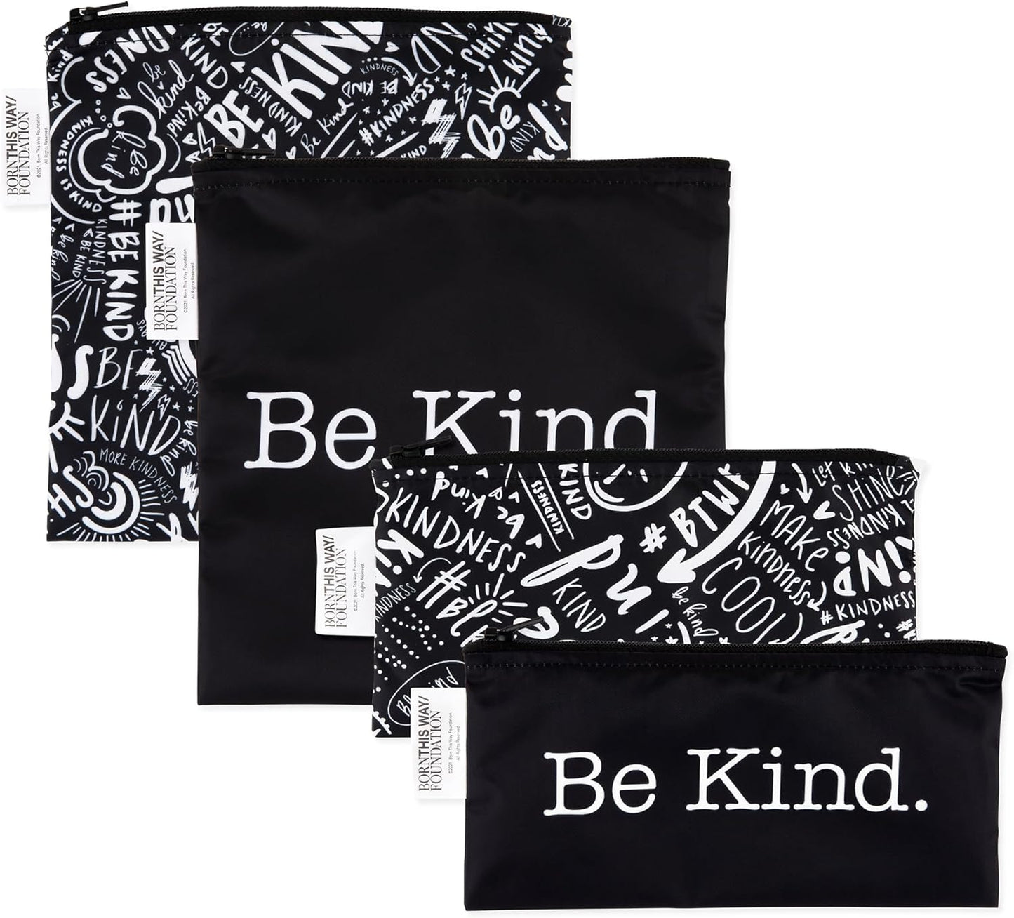 Bumkins - Cloth Snack & Sandwich Bags - For Storage, Travel, Food Prep, Lunch - Reusable, Water Resistant, Washable, Dishwasher Safe - Snack Bags for Kids - Zipper Closure - BTWF Be Kind - 4 Pack
