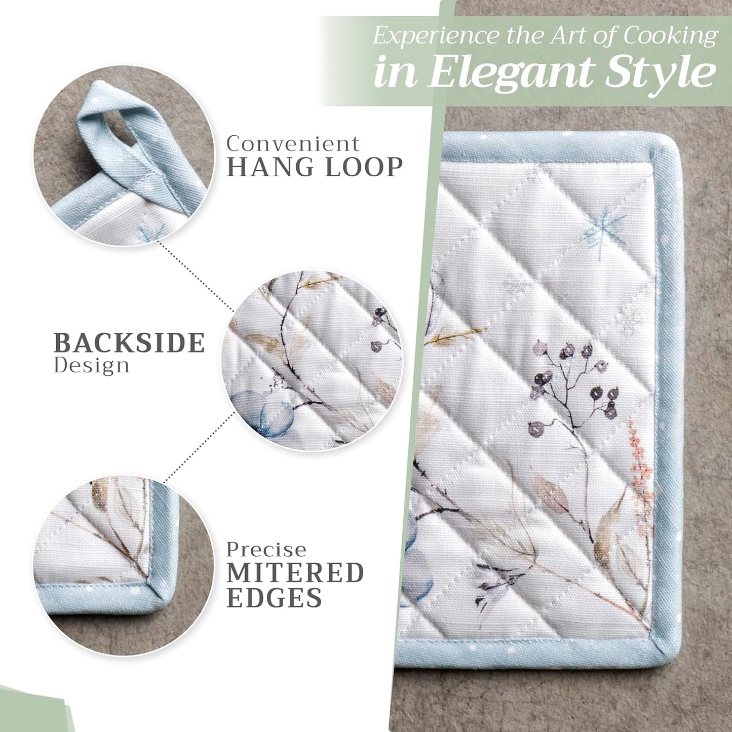 Maison d' Hermine Pot Holders Set 100% Cotton Heat Resistant Potholders 8" x 8" Hot Pads with Loop BBQ, Cooking, Baking, Grilling, Kitchen, Handling Hot Pans (Pack of 2, Ice Florals)