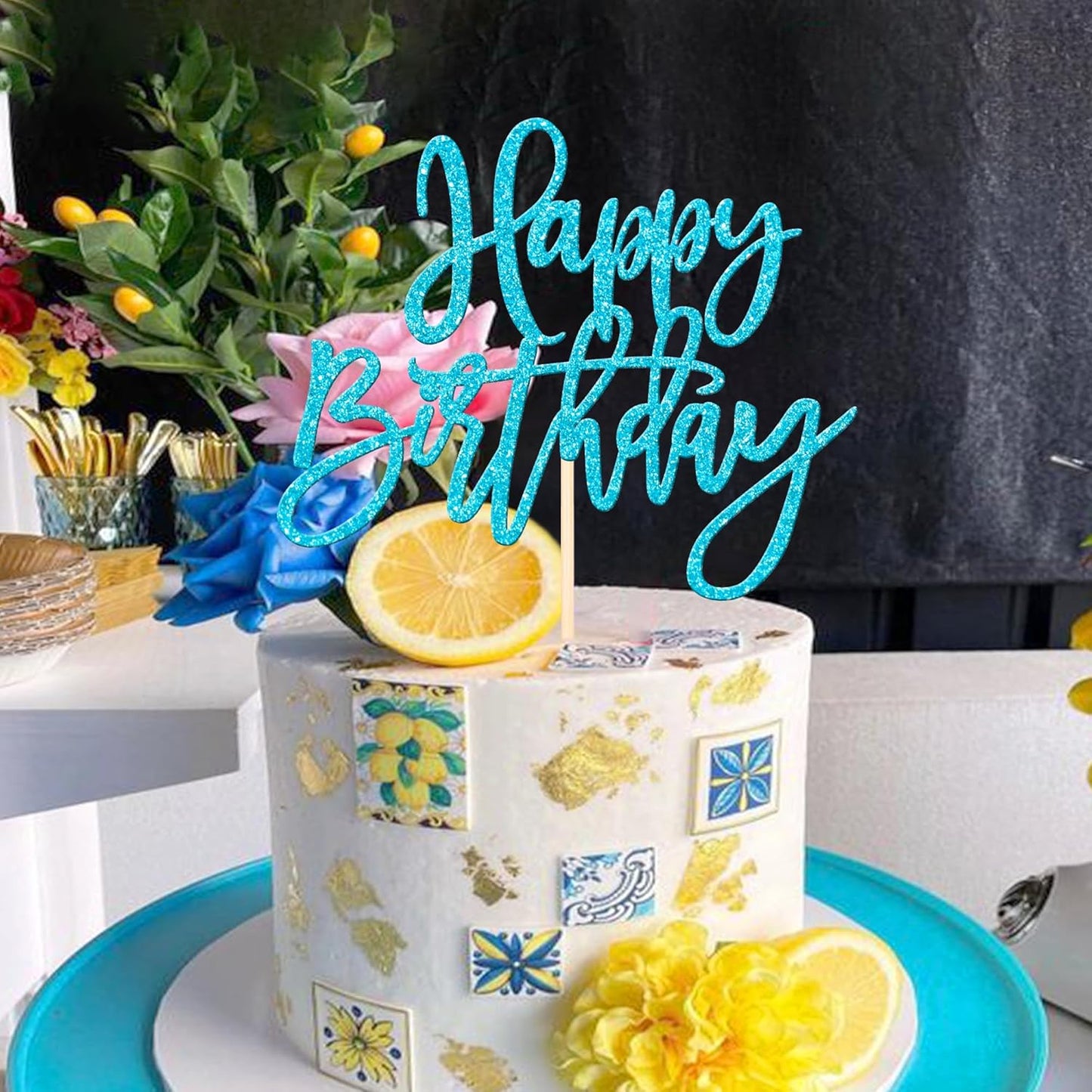 ZHUOWEISM 1 PCS Happy Birthday Cake Topper Glitter Happy Birthday Cake Pick for Celebrating Happy Birthday Anniversary Theme Party Cake Decorations Supplies Light Blue