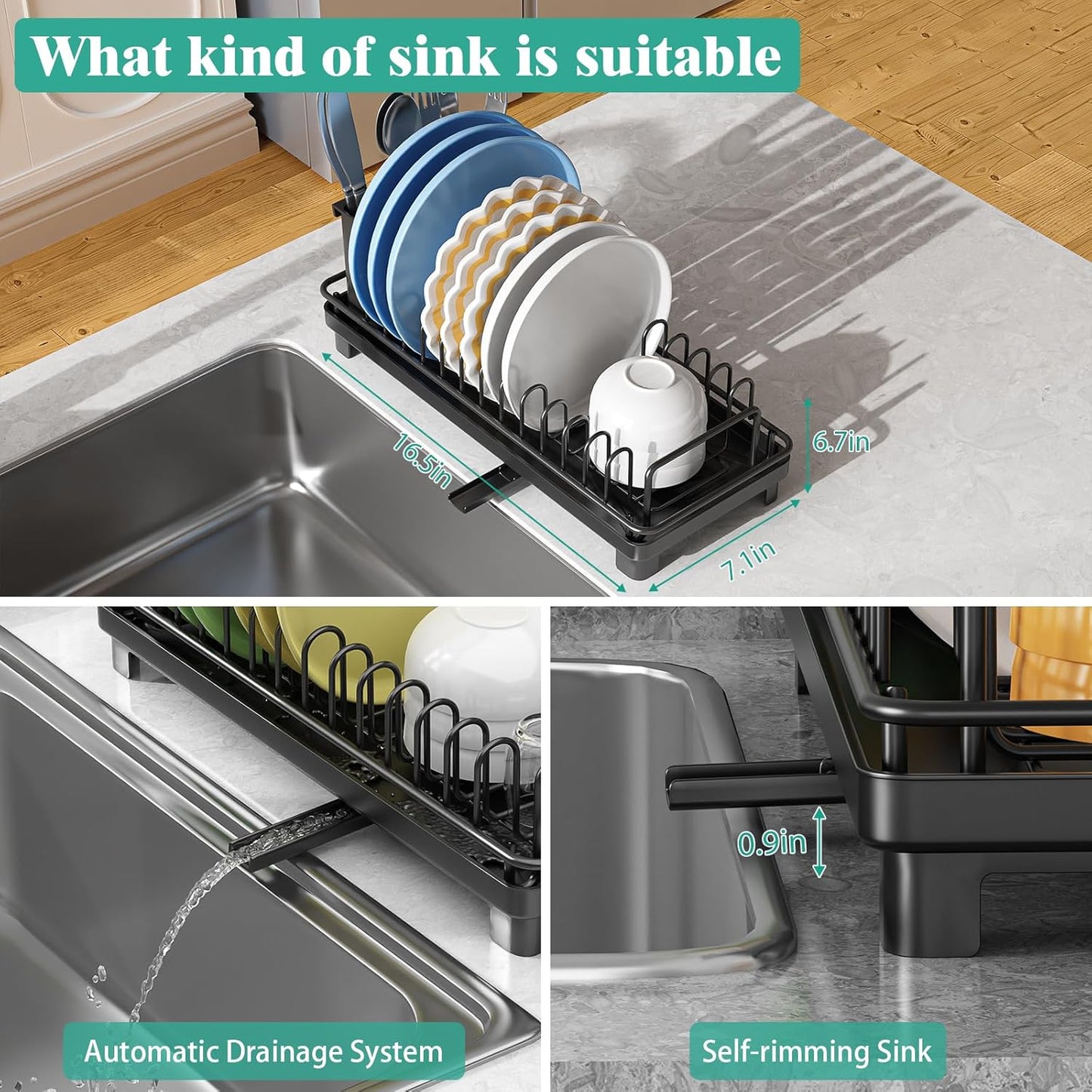 Giwil Small Dish Drying Rack, Compact Dish Rack with Drainboard for Kitchen Counter, Multifunctional Rustproof Dish Drainer Plate Organizer Used Over Sink & on Countertop, Black