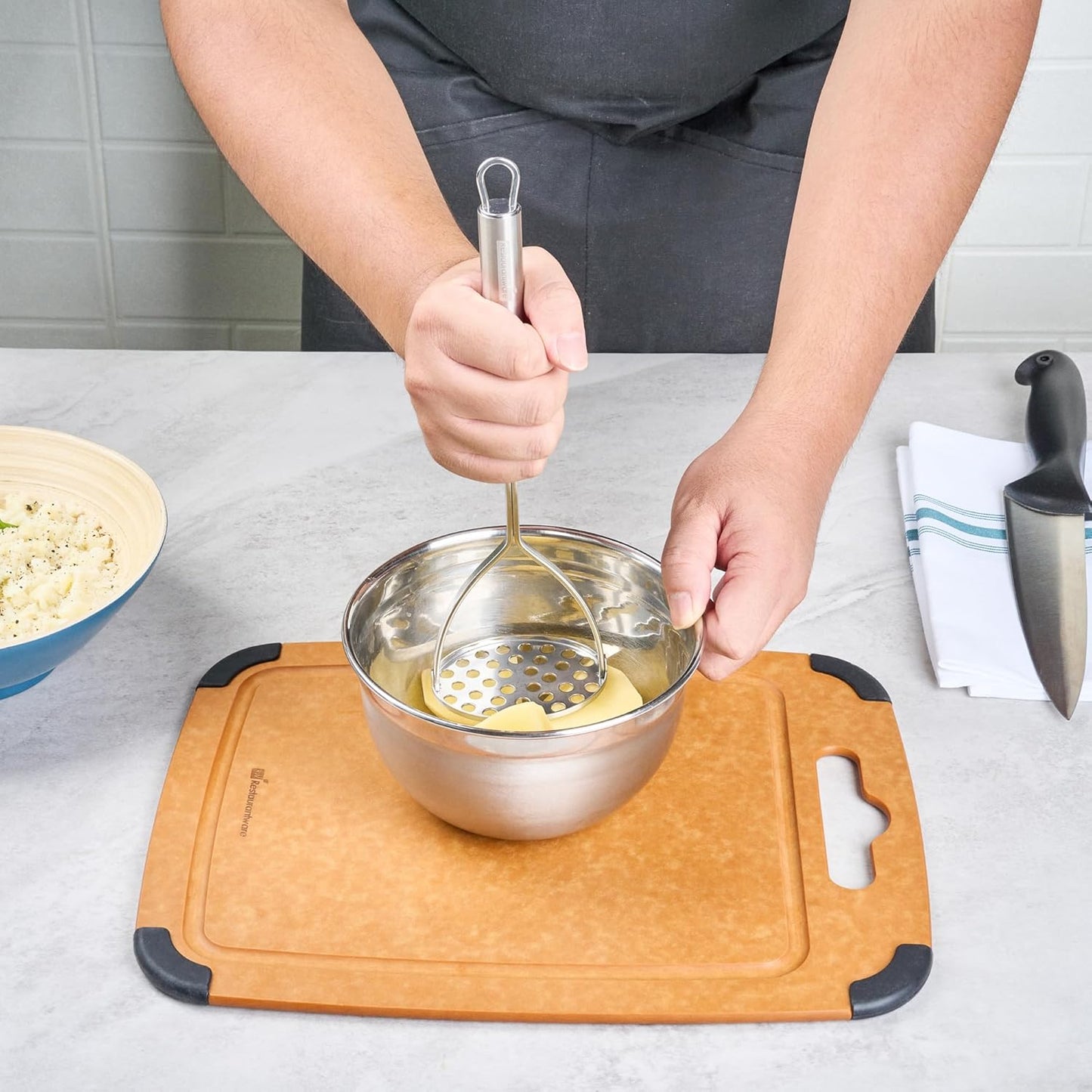 Restaurantware-German Standard Round-Faced Mashers With Ergonomic Handle, 24 Heavy-Duty Potato Mashers - Dishwashable, Durable, Stainless Steel Food Mashing Tool, For Avocado, Beans, Sweet Potatoes