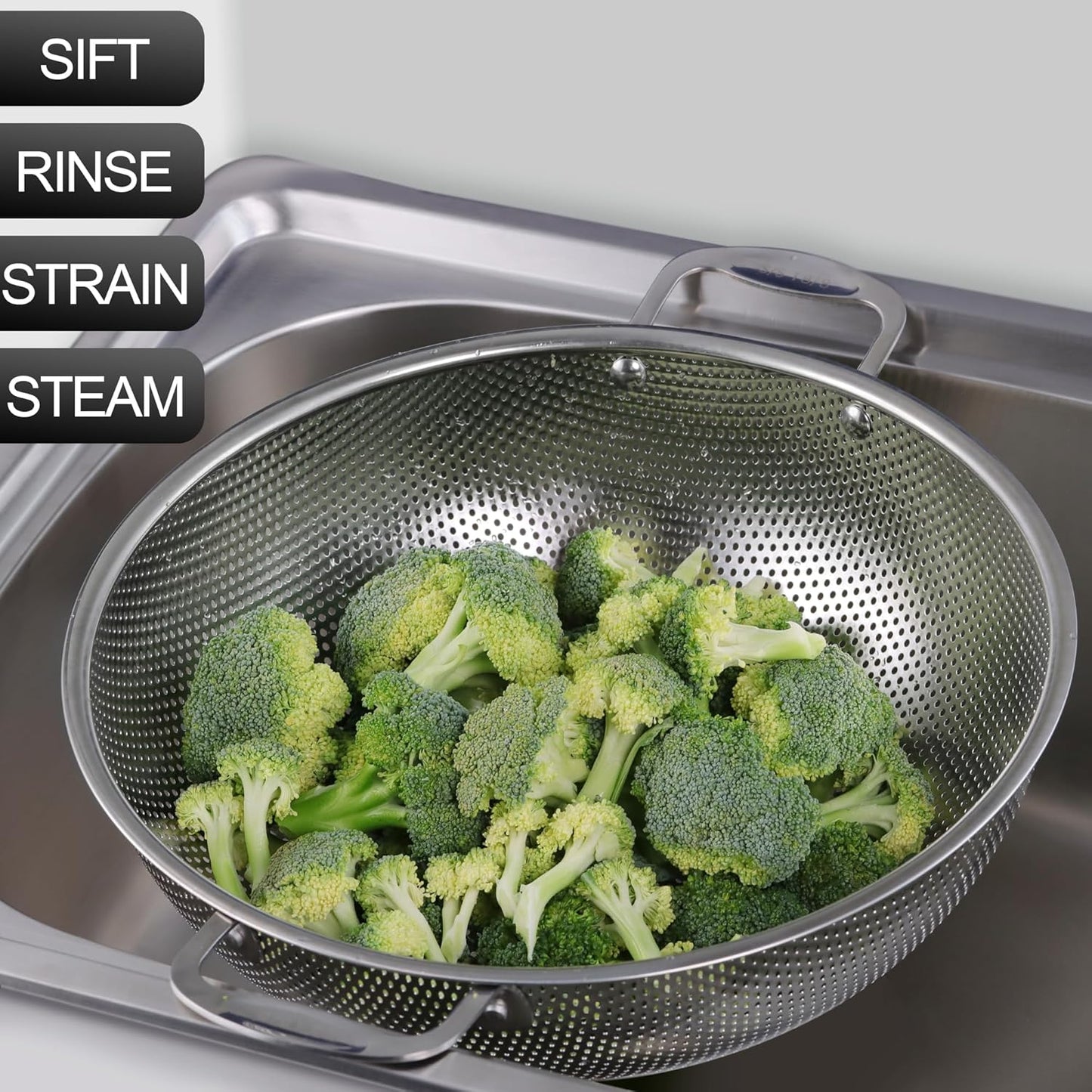 Tiawudi Large 6-Qt Colander, 18/8 Stainless Steel Mesh Strainer for Kitchen, Food Sieve with Riveted Handles and Self-draining Solid Ring Base, Great for Pasta, Rice, Vegetables and Fruits