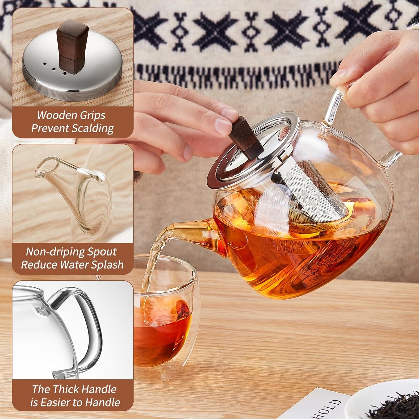 34OZ/1000ml Glass Teapot with Stainless Steel Infuser, Drip-Free Spout, and Wooden Knob Lid – Stovetop Safe Borosilicate Tea Kettle for Loose Leaf and Herbal Tea Brewing