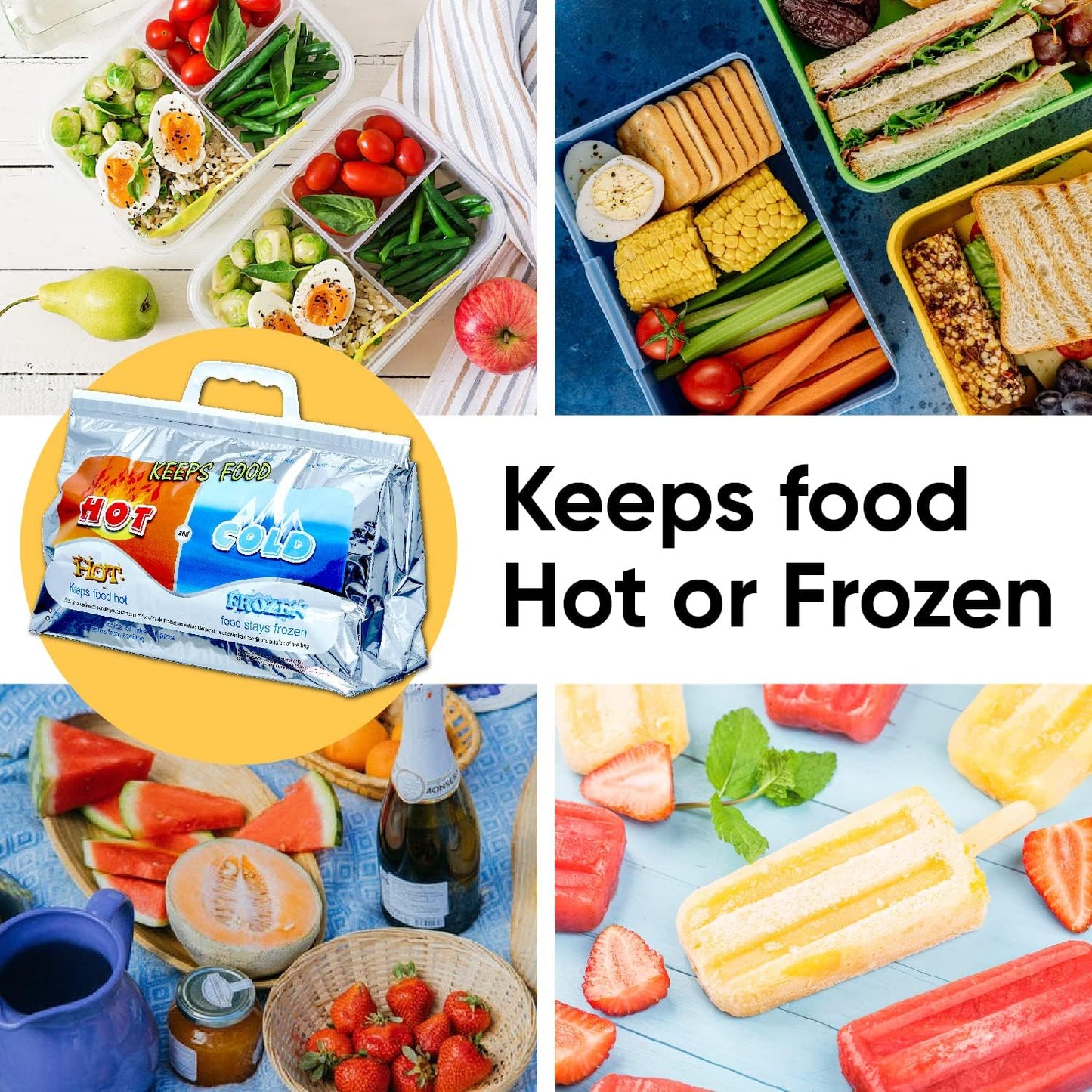 Superio Hot and Cold Insulated Bags for Food Delivery, Grocery Shopping Bags, Food Storage for Hot and Frozen Food for Travel, Disposable Cooler Bag, Reinforced Thermal Lunch Bag (8, 13"x5.5"x8.5")