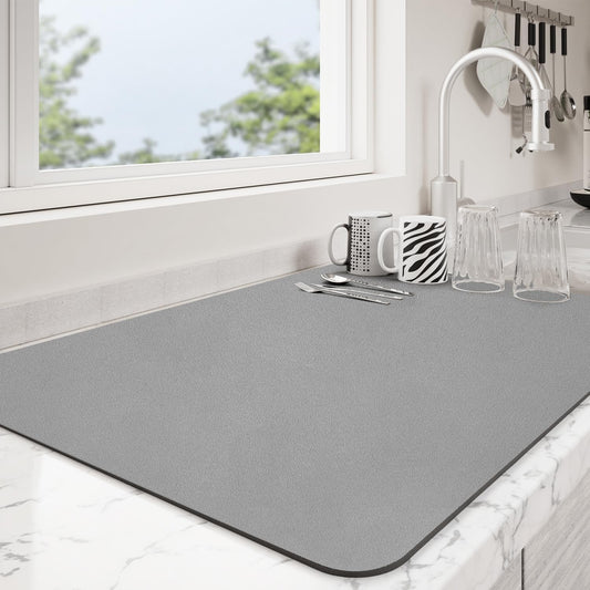 Dish Drying Mat for Kitchen Counter | Coffee Bar Mat for Countertops | Heat Resistant Drainer Mat with Non-slip Rubber Backed | Hide Stain Kitchen Absorbent Draining Mat | Grey 18"x28"