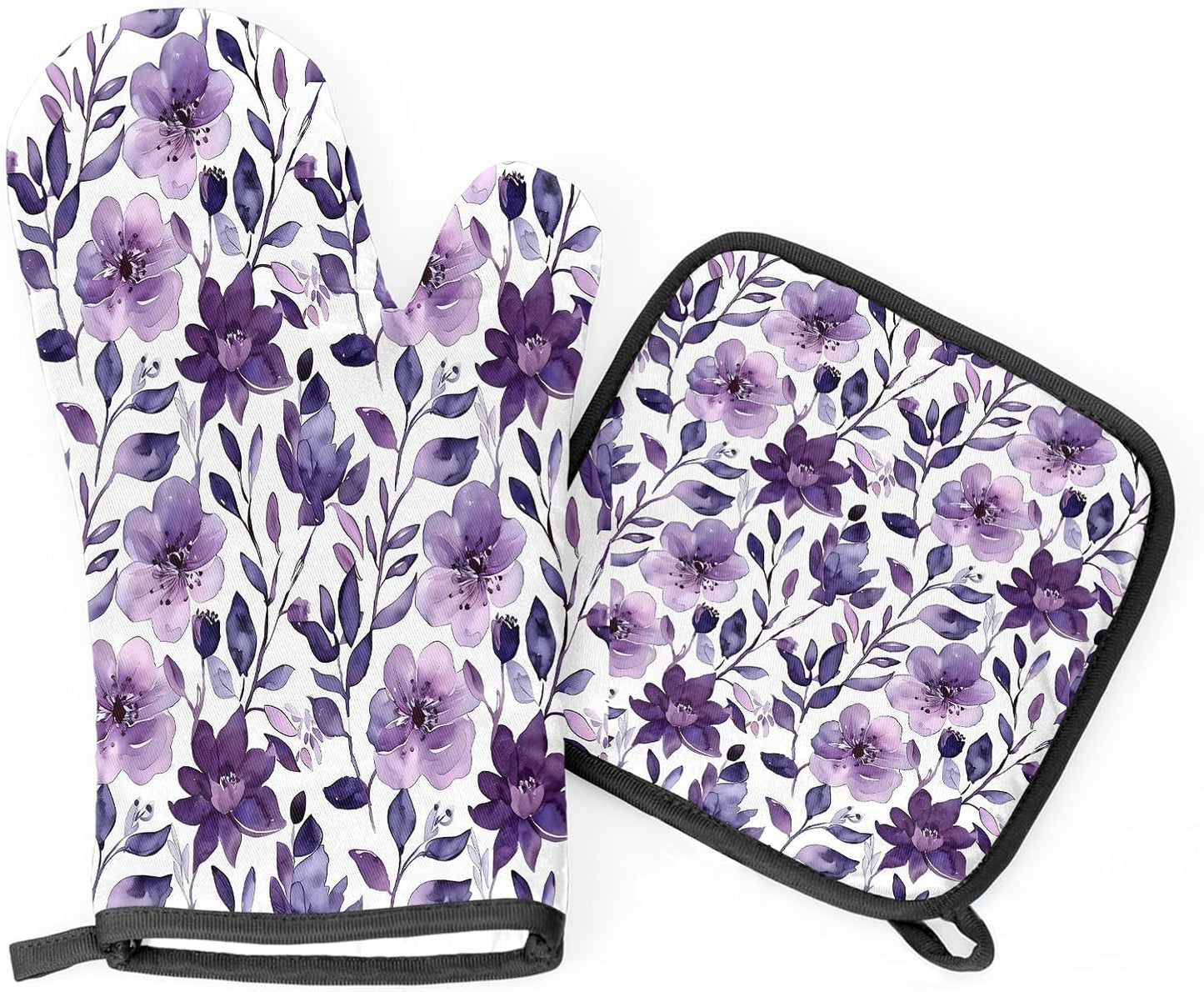 Flower Oven Mitts and Pot Holders Sets, 2 Pcs Purple Floral Decorative Kitchen Oven Glove for Cooking