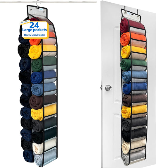 Legging Organizer - 24 Spacious Pockets, 2024 New Improved, Heavy Duty Hooks, Closet Storage, White/Black 1-Pack