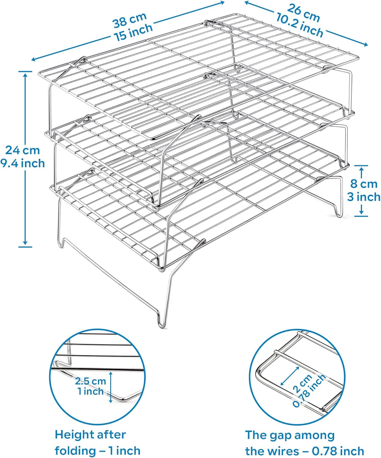 15IN x 10IN Cooling Baking Rack Set of 3, Leonyo 3-Tier Stackable Stainless Steel Wire Baking Cooking Racks Set for Cookie, Pizza, Cup Cake, Raised & Folding Feet