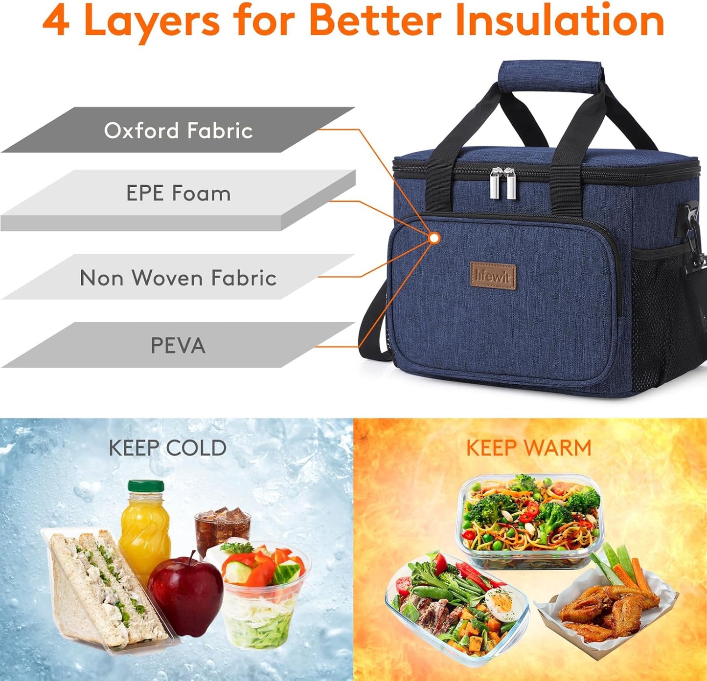 Lifewit Large Lunch Bag Insulated Lunch Box Soft Cooler Cooling Tote for Adult Men Women, Dark Blue 24-Can (15L), 11.8" × 9.1" × 9.1"