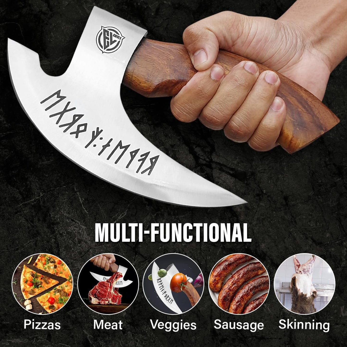 Viking Multipurpose Pizza Axe with Sheath - Rosewood Handle & Heavy Duty Axe Head - Cuts Pizza, Meat & Vegetables