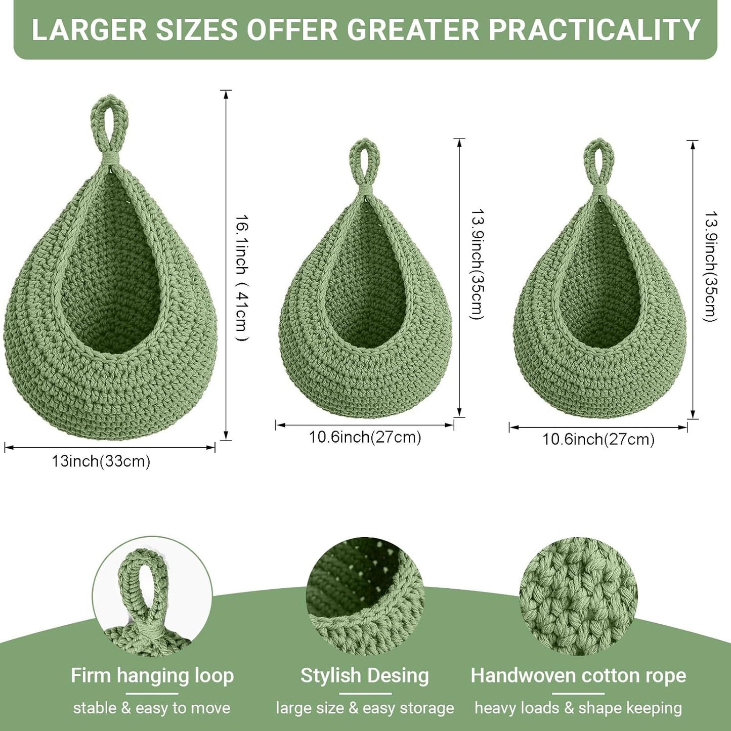 Hanging Fruit Baskets for Kitchen, 3 Pack Boho Cotton Rope Handwoven Vegetable Storage Wall Mounted Large Organizing Basket for Farmhouse Decor, Onion, Potato, Garlic and Plants (Green)