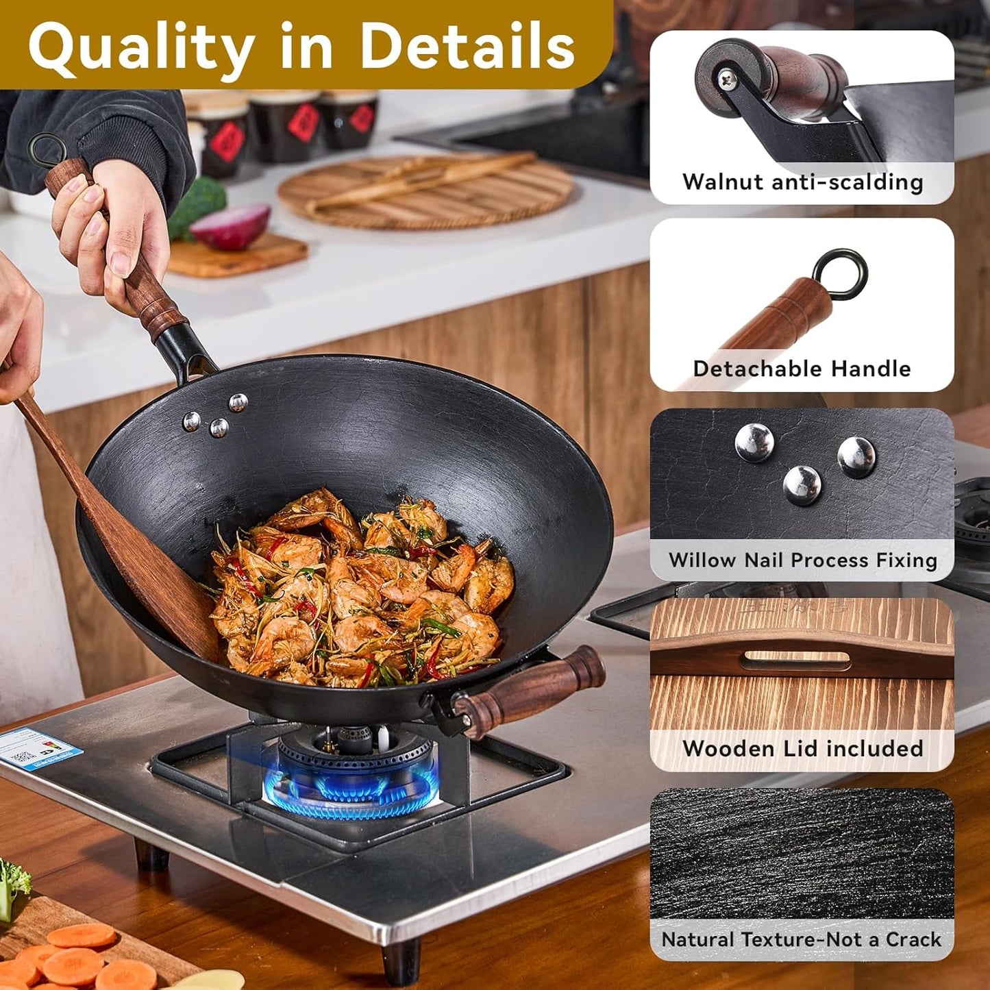 WANGYUANJI Cast Iron Pot,13.4 inch Craft Wok Chinese Wok,Flat Bottom Iron Woks with Lid,Fry Pan Suitable for Induction, Electric, Gas, Halogen All Stoves-Black