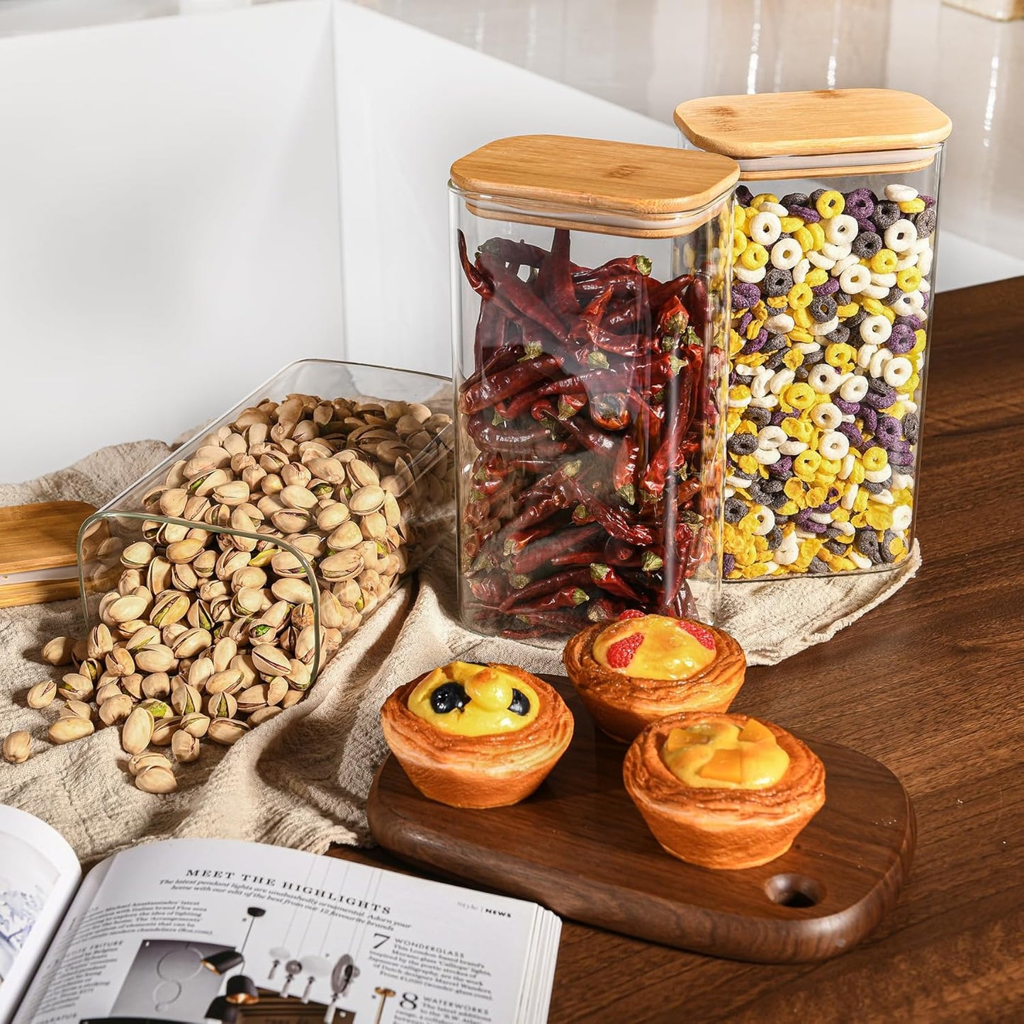 56oz Rectangle Airtight Glass Storage Containers with Bamboo Lids (Set of 4), Square Food Storage Jar, Pantry Organizers for Oats, Cereal, Pasta and Coffee beans (‎with Black Lable)