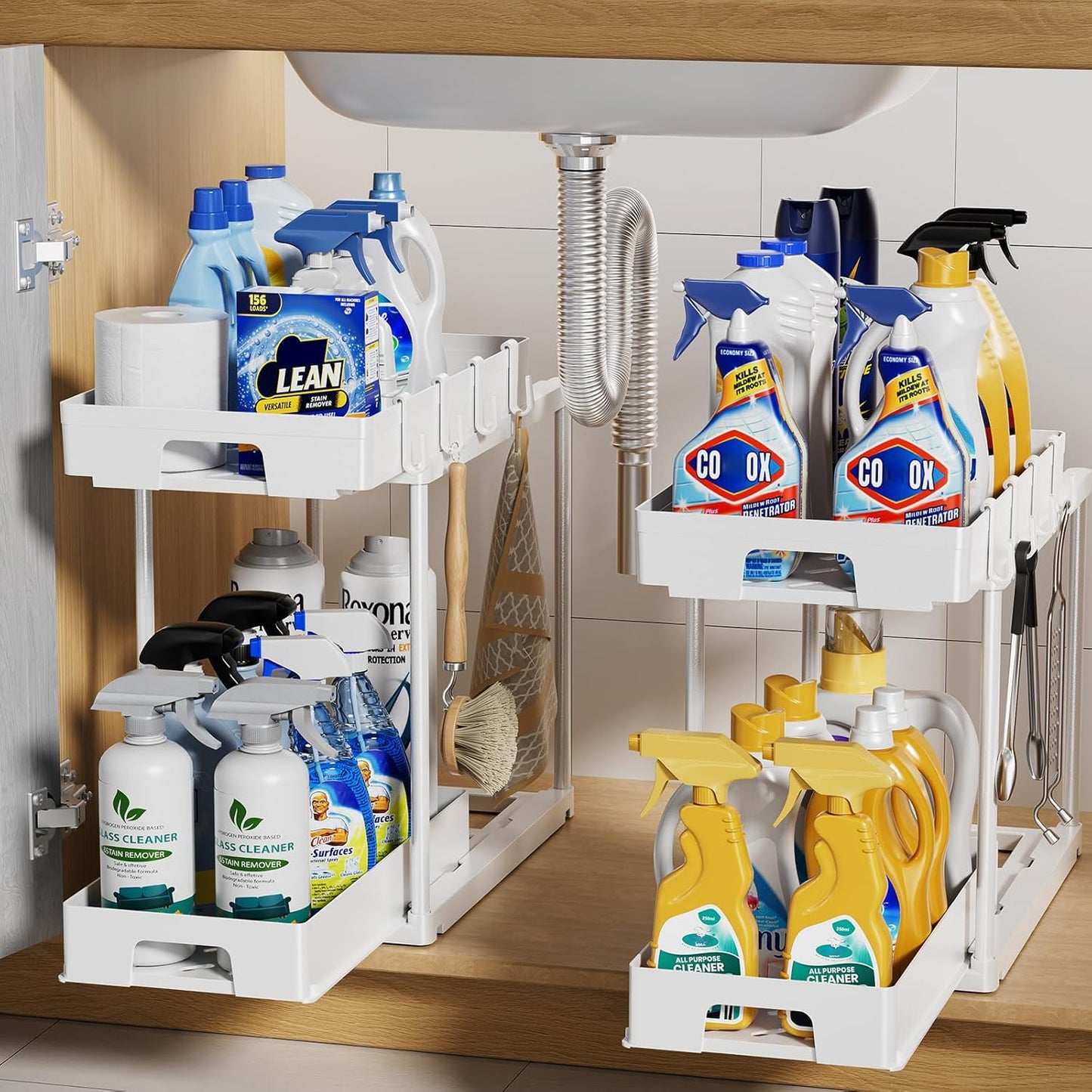 Delamu Under Sink Organizers and Storage, 2 Pack Pull Out Kitchen Bathroom Cabinet Organizer, 2 Tier White Under Sink Storage for Bathroom Kitchen, Under Counter Storage Organizer with 8 Hooks