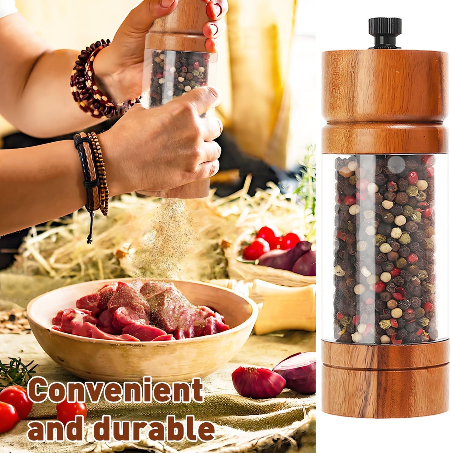 2 Pack 5.5 Inch Wood Salt and Pepper Grinder Set, Premium Acrylic Salt and Pepper Grinder Set with a Adjustable Ceramic Rotor - Made of High-Grade Acacia Wood Material