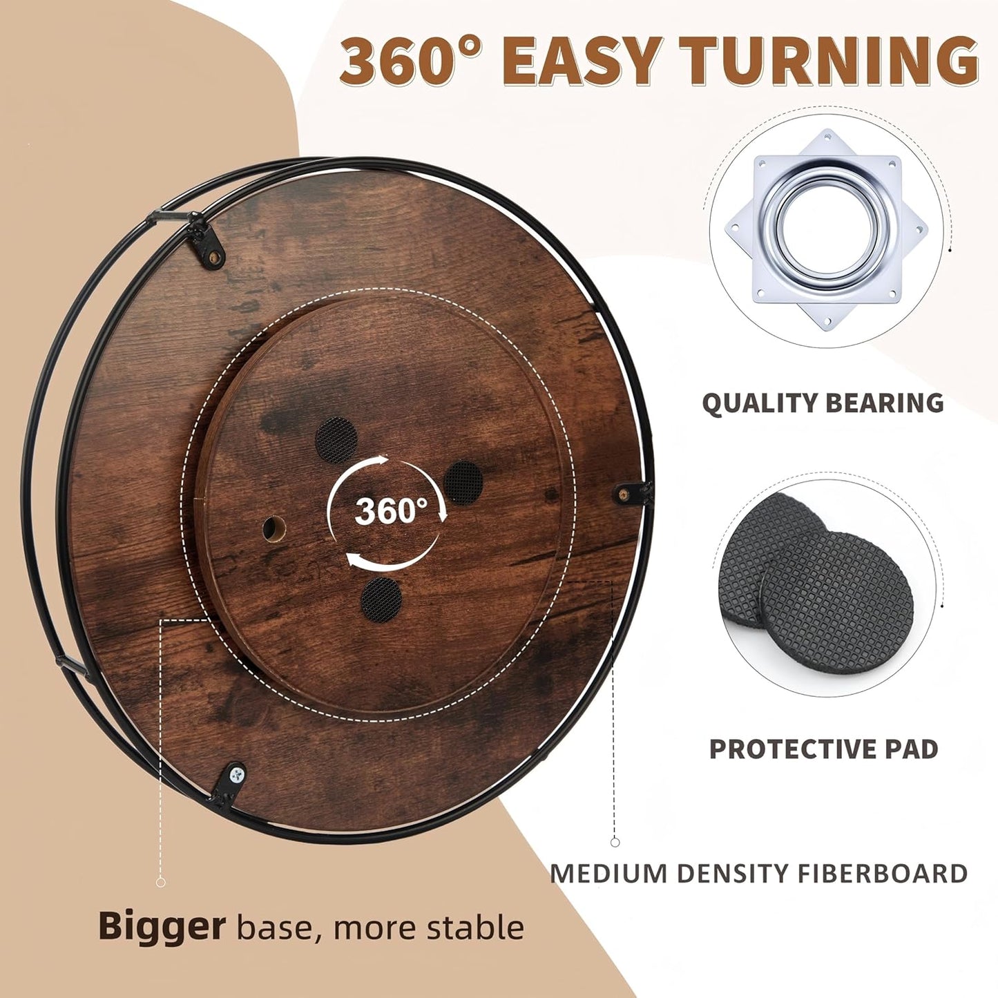 10 Inch Wood Lazy Susan, Rustic Brown Turntable Organizer with Steel Frame, 360 Degree Decorative Turntable for Countertop or Centerpieces